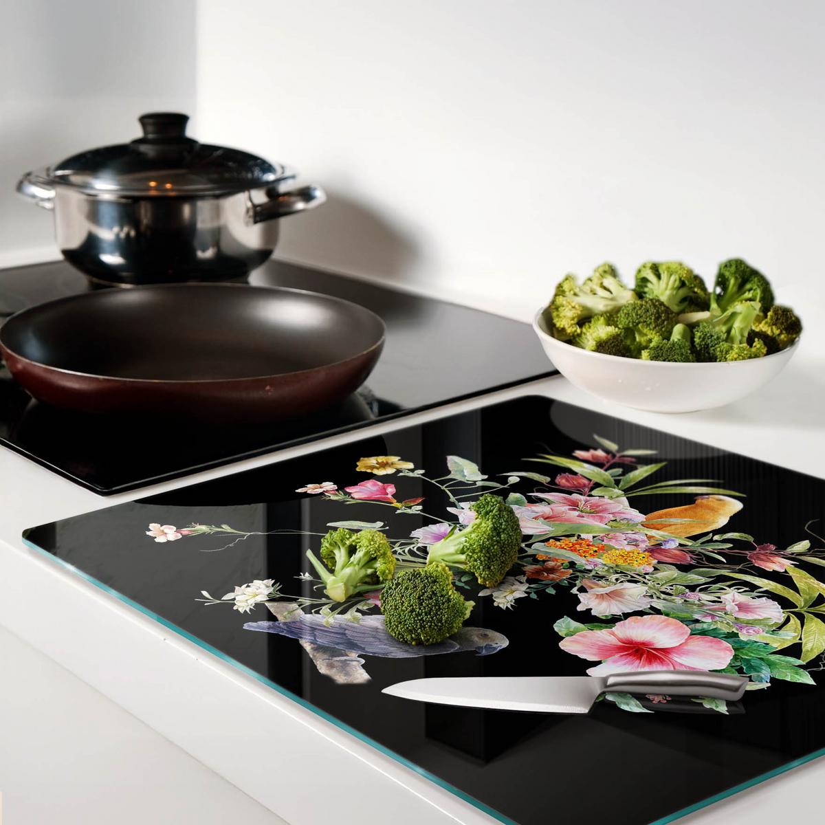 GLASPLATTE 60x52 cm Blumen und Vögel - Multicolor, Glas (60/0.4/52cm) - TULUP
