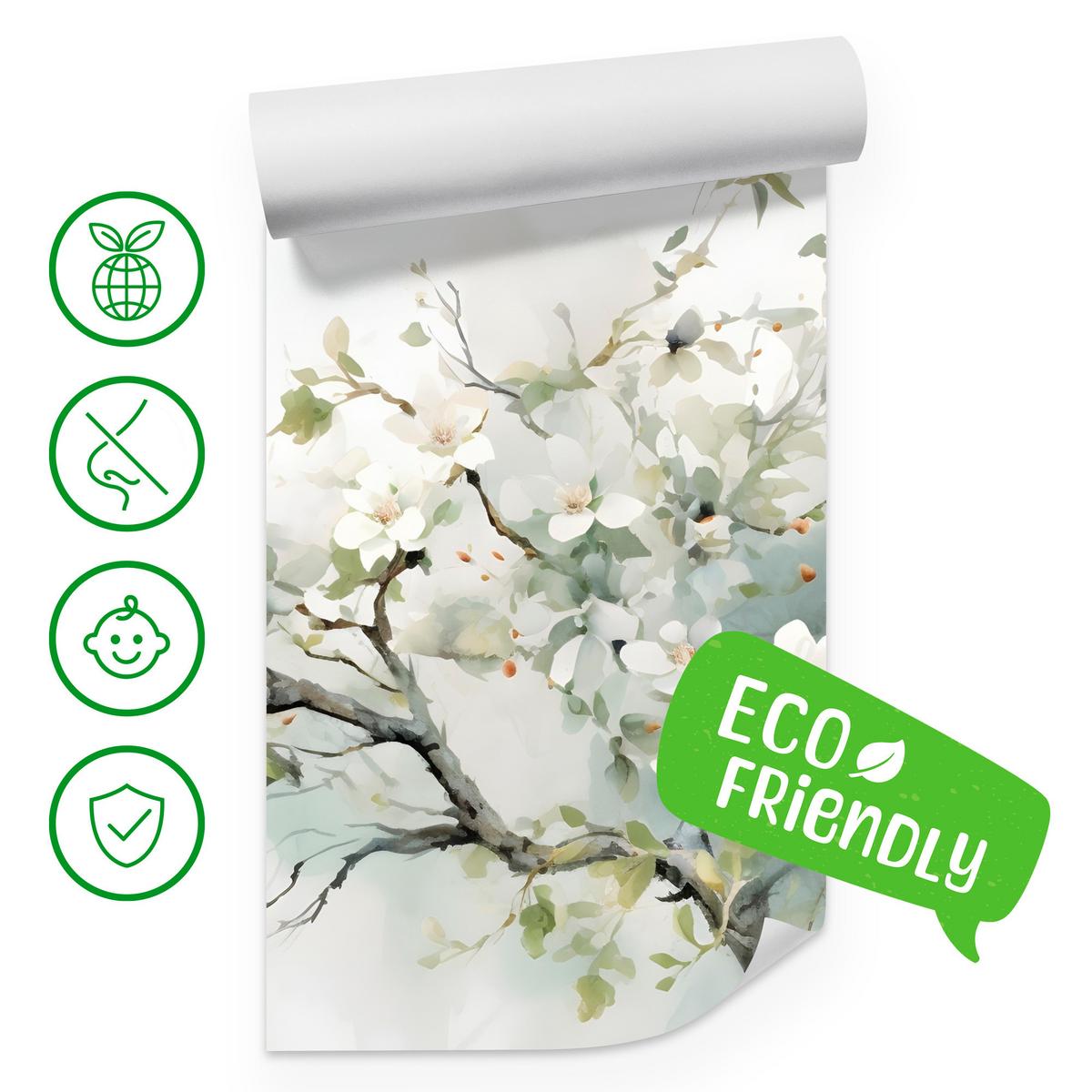 FOTOTAPETE für Wohnzimmer Aquarellbaum Blumen Natur 200x140 - Beige/Weiß, Papier (200/140cm) - Muralo