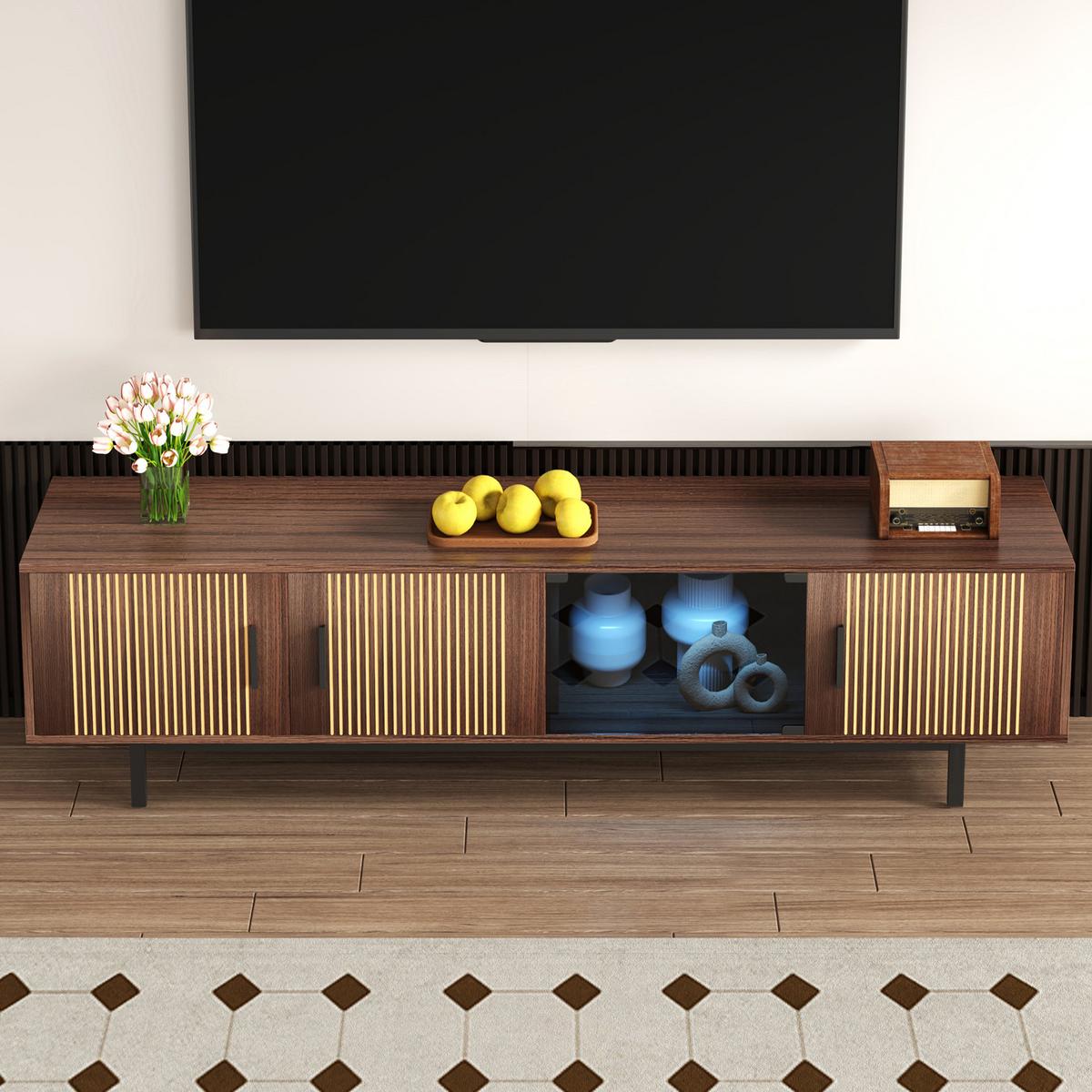 TV-LOWBOARD mit geschnitzter Textur, Glas-Tür & LED-Beleuchtung - Braun, Holz (35/53/200cm) - Urban Meuble
