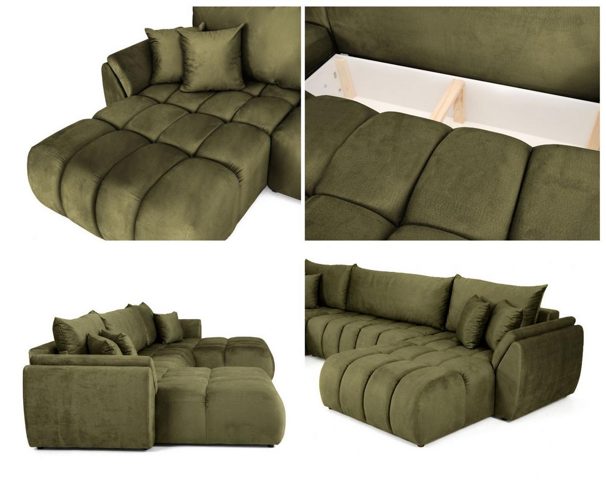 ECKSOFA Iris U mit Schlaffunktion und Bettkasten, U-Form – Olivgrün Samt 382/184/85 cm - Schwarz/Olivgrün, Kunststoff/Textil (382/184cm) - WFL GROUP