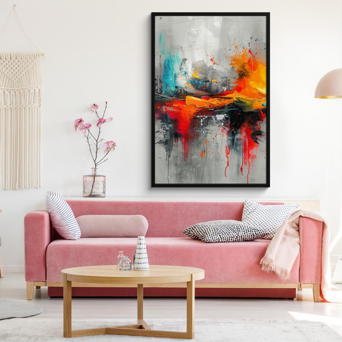 POSTER MIT RAHMEN Moderne Kunst - Orange - Grau - Abstrakt Bilderleiste 80x120 cm - Hellgrau, Papier (80/120cm) - MuchoWow