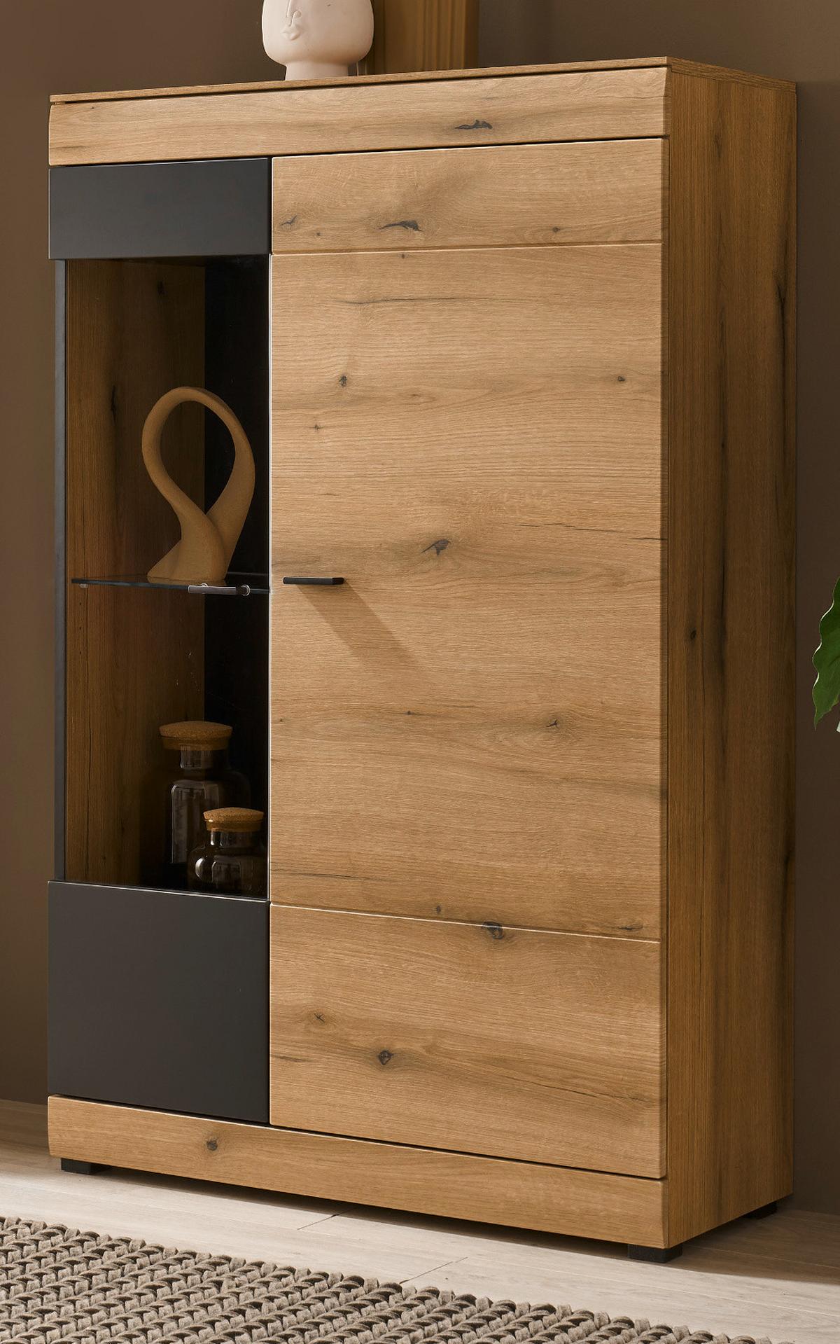 VITRINE in Eiche, grau 90 x 151 cm, Highboard mit Soft-Close - Kaschmir/Eichefarben, Glas/Holzwerkstoff (90/141/35cm) - Furn.Design
