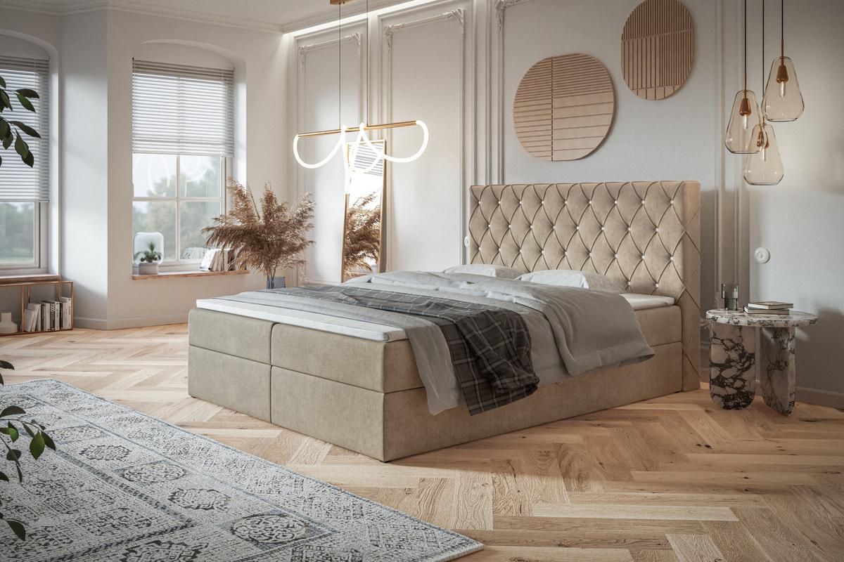 BOXBETT BOSTON mit 2 Bettkästen, 160x200, Farbe: Sand, Velourstoff, Doppelbett mit Bonell-Matratze - Sahara, Holz/Kunststoff (160/200cm) - Alpi-Möbel