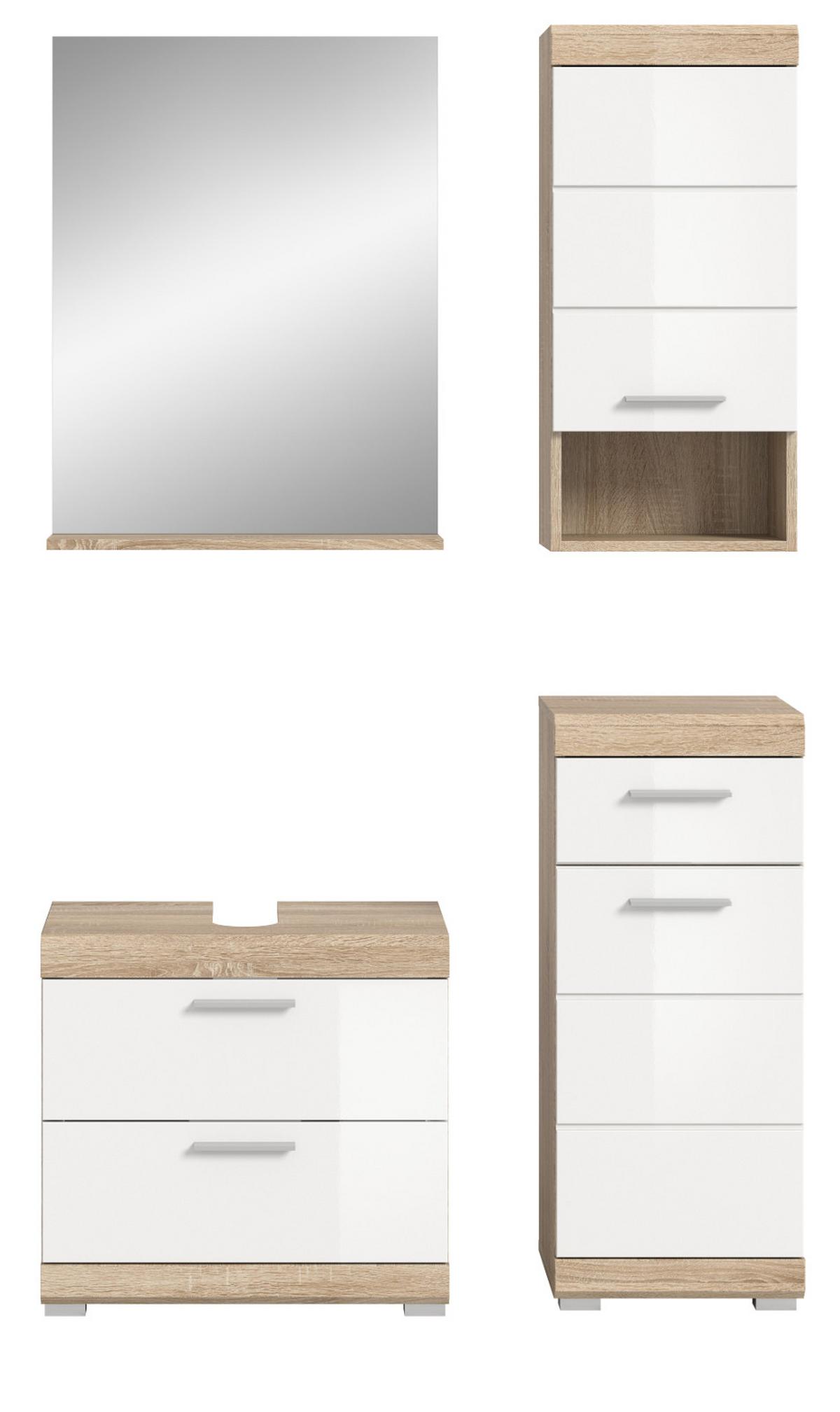 BADMÖBEL-SET weiß Hochglanz, Eiche 4-teilig 112 cm, Kombination mit viel Stauraum - Weiß Hochglanz/Eichefarben, Glas/Holzwerkstoff (112/191/37cm) - Inn.Furn