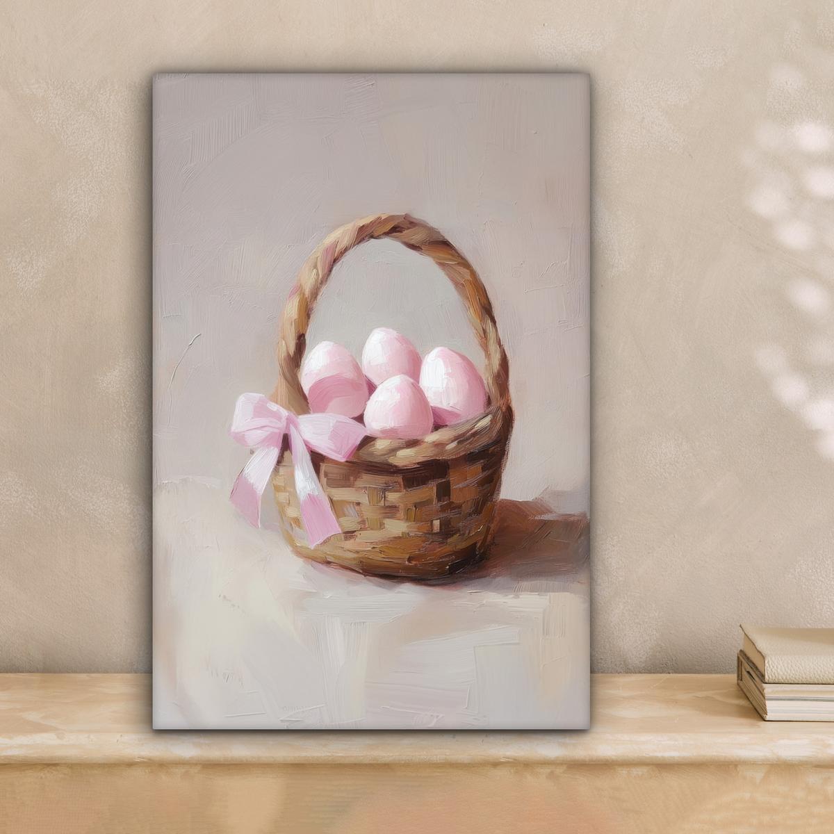 LEINWANDBILD Korb - Eier - Rosa Deko Wohnzimmer 20x30 cm - Beige, Textil (20/30cm) - MuchoWow