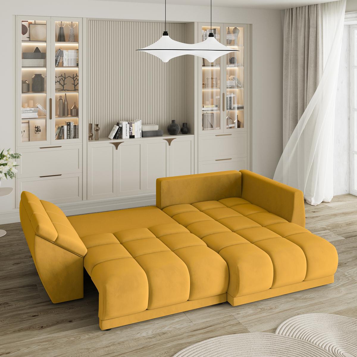 ECKSOFA ORENTI R-S Gelb Velours-Stoff mit Schlaffunktion - Gelb, Holz (287/182cm) - MASSENO
