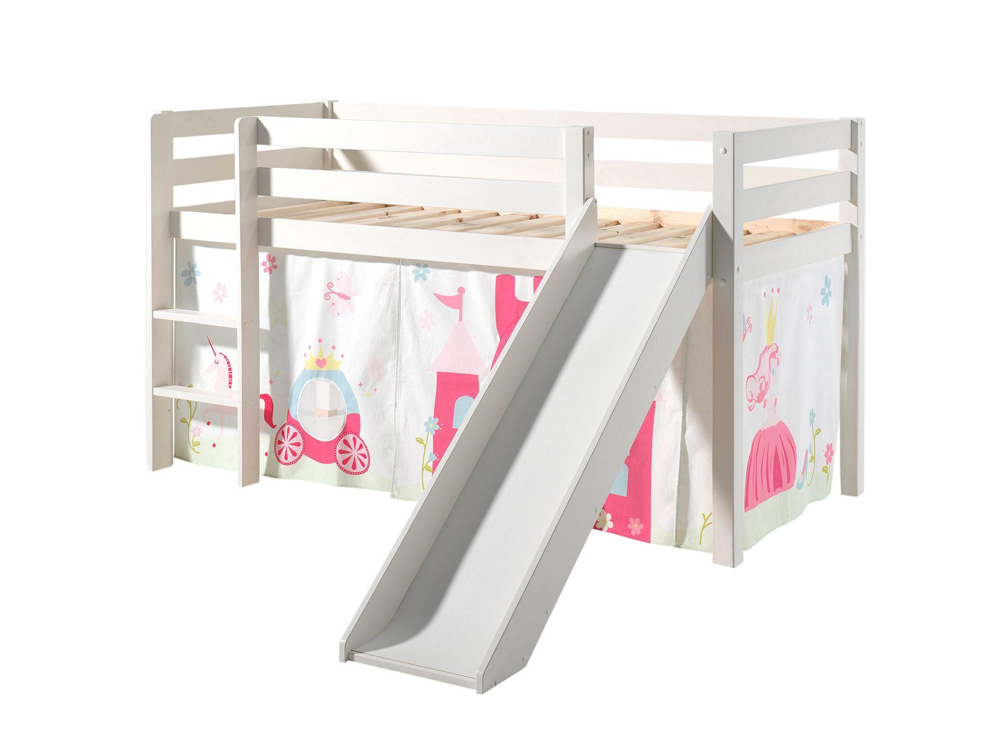 HOCHBETT mit Rutsche Karolina Massivholz Weiß Textilset Princess 1 - Magenta/Weiß, Holz (90/200cm) - 58aufmkessel