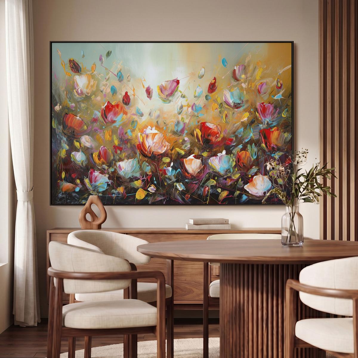 LEINWAND Bilder mit Rahmen - Blumen - Kunst - Natur - Ölgemälde - 140x90 - Multicolor, Textil (140/90cm) - MuchoWow