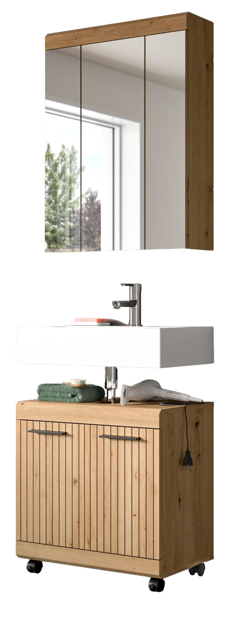 BADMÖBEL-SET Eiche Artisan Set 2-teilig 60 x 191 cm, Badkombination modernes Design - Schwarz/Eiche Artisan, Glas/Holzwerkstoff (60/191/34cm) - Inn.Furn