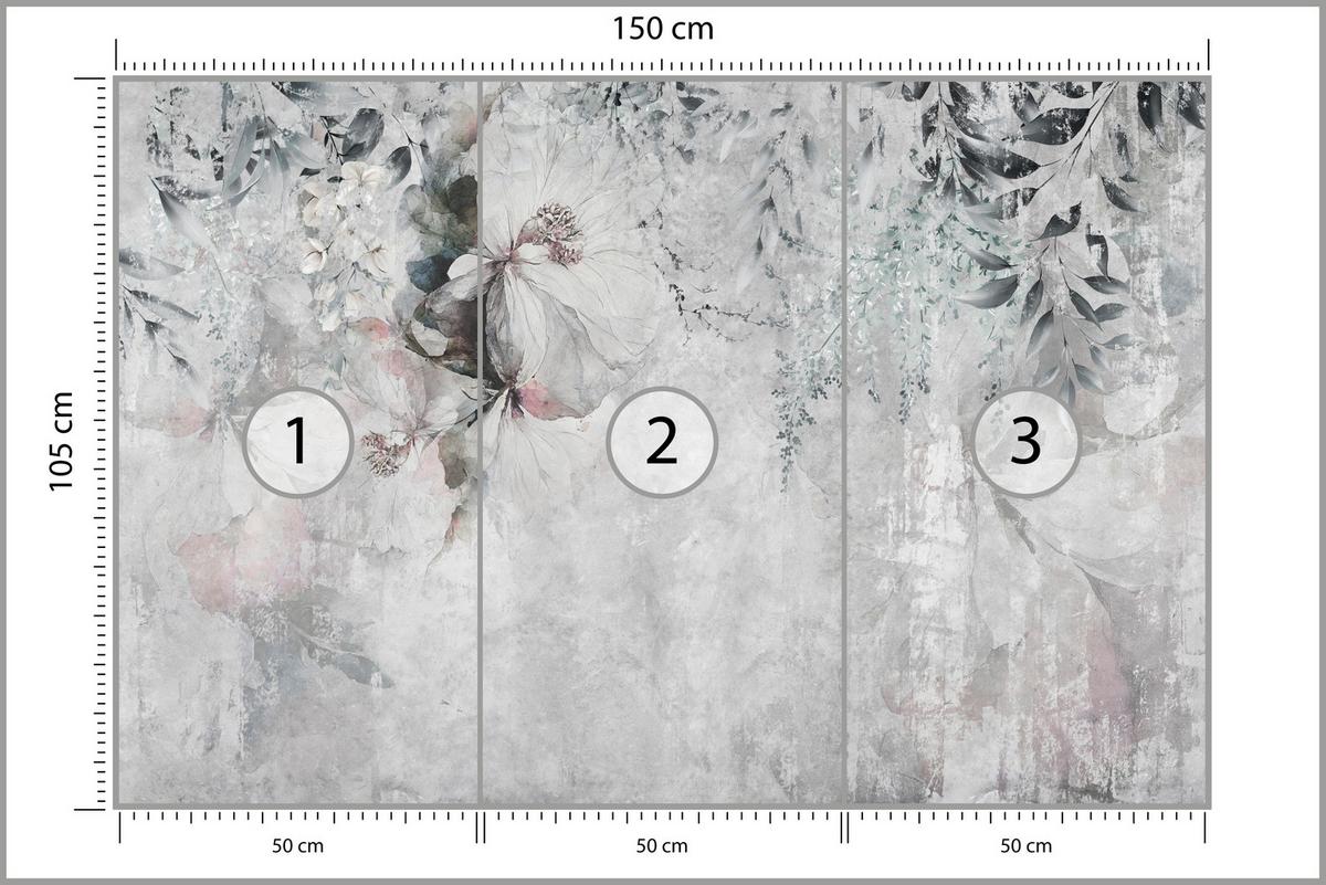 FOTOTAPETE für Büro Zarte Blätter Grau Betonwand Blumen Natur 150x105 - Grau, Papier (150/105cm) - Muralo