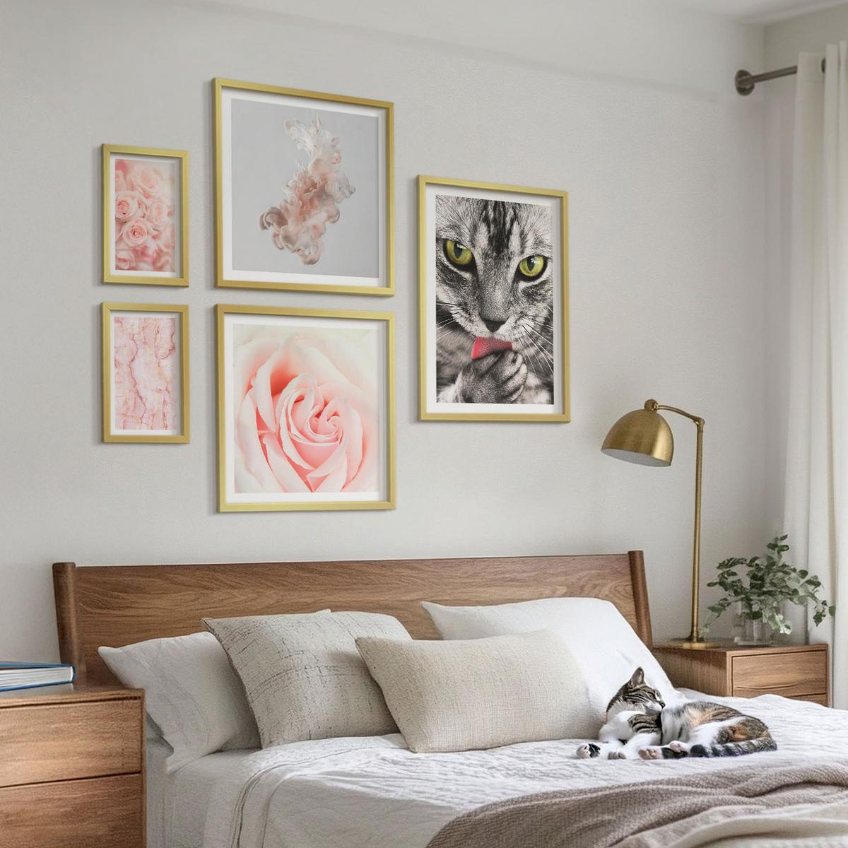 BILDER SET 5er Set - 50x50 cm & 20x30 cm & 40x60 cm Goldrahmen - Boho-Küchengras-Schriftzug - Goldfarben, Kunststoff (40/60cm) - TULUP