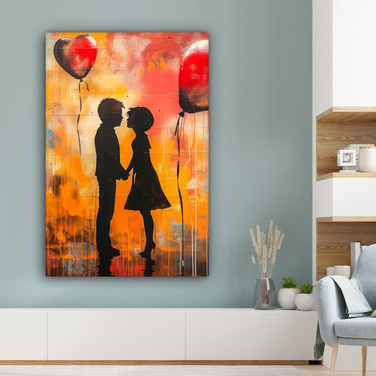 LEINWANDBILD Straßenkunst - Liebe - Graffiti - Kunst - Banksy Deko XXL 80x120 cm - Orange, Textil (80/120cm) - MuchoWow