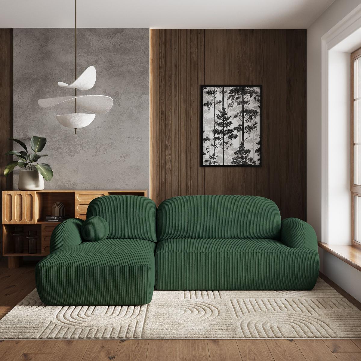 ECKSOFA MODENZA P L-S Grün Kordstoff mit Schlaffunktion - Schwarz/Grün, Holz/Kunststoff (266/148cm) - MASSENO
