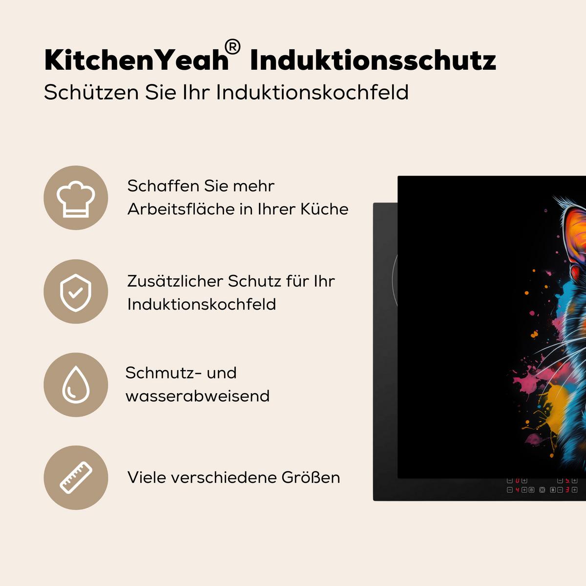 HERDABDECKPLATTE Katze - Graffiti - Bunt - Waffel - Essen Induktionsschutz 91.2x52 cm - Multicolor, Kunststoff (91.2/52/0.2cm) - MuchoWow