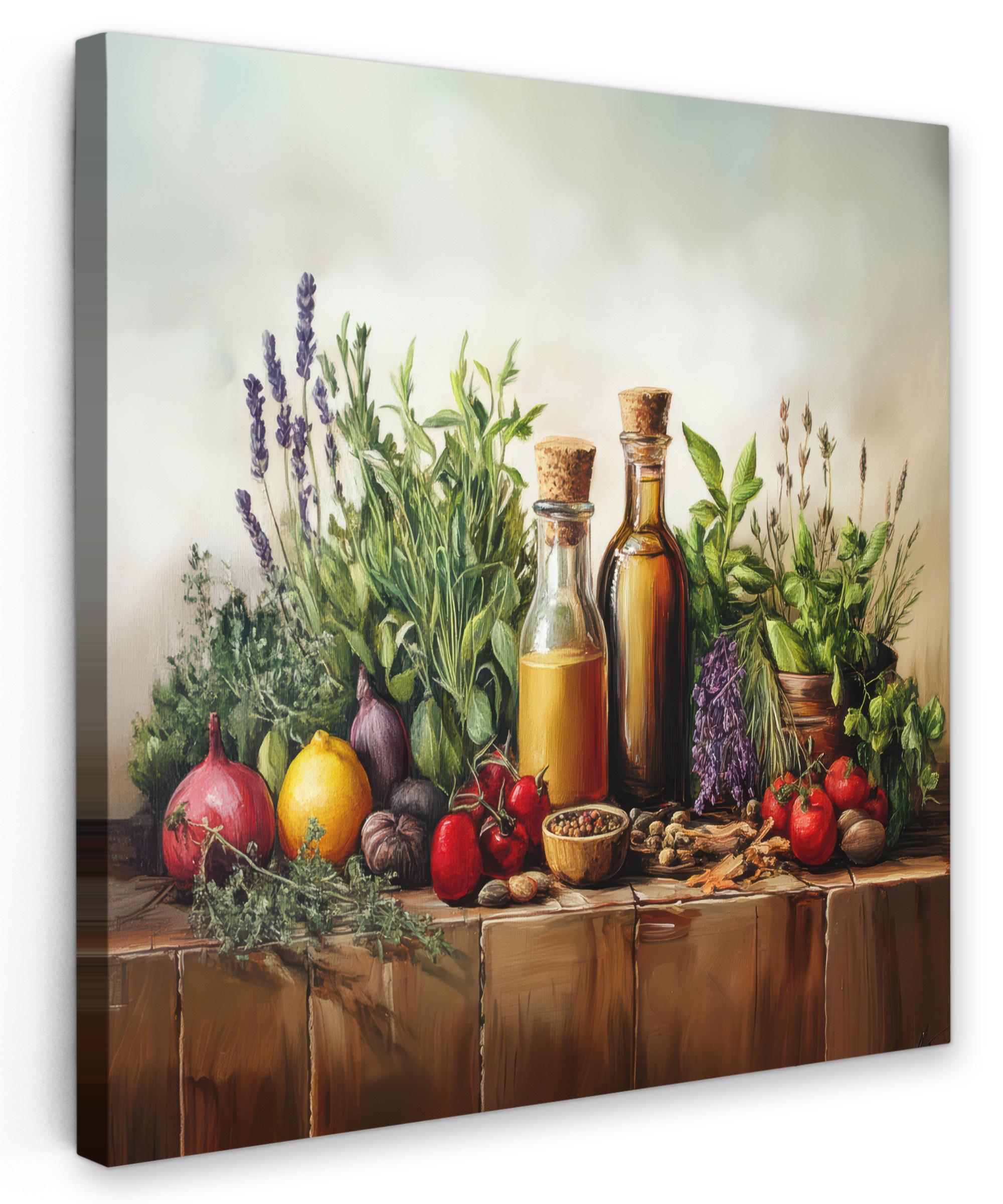 LEINWANDBILD Stilleben - Kräuter - Gewürze - Früchte - Farbenfroh Wandbild Wohnzimmer 50x50 cm - Grün, Textil (50/50cm) - MuchoWow