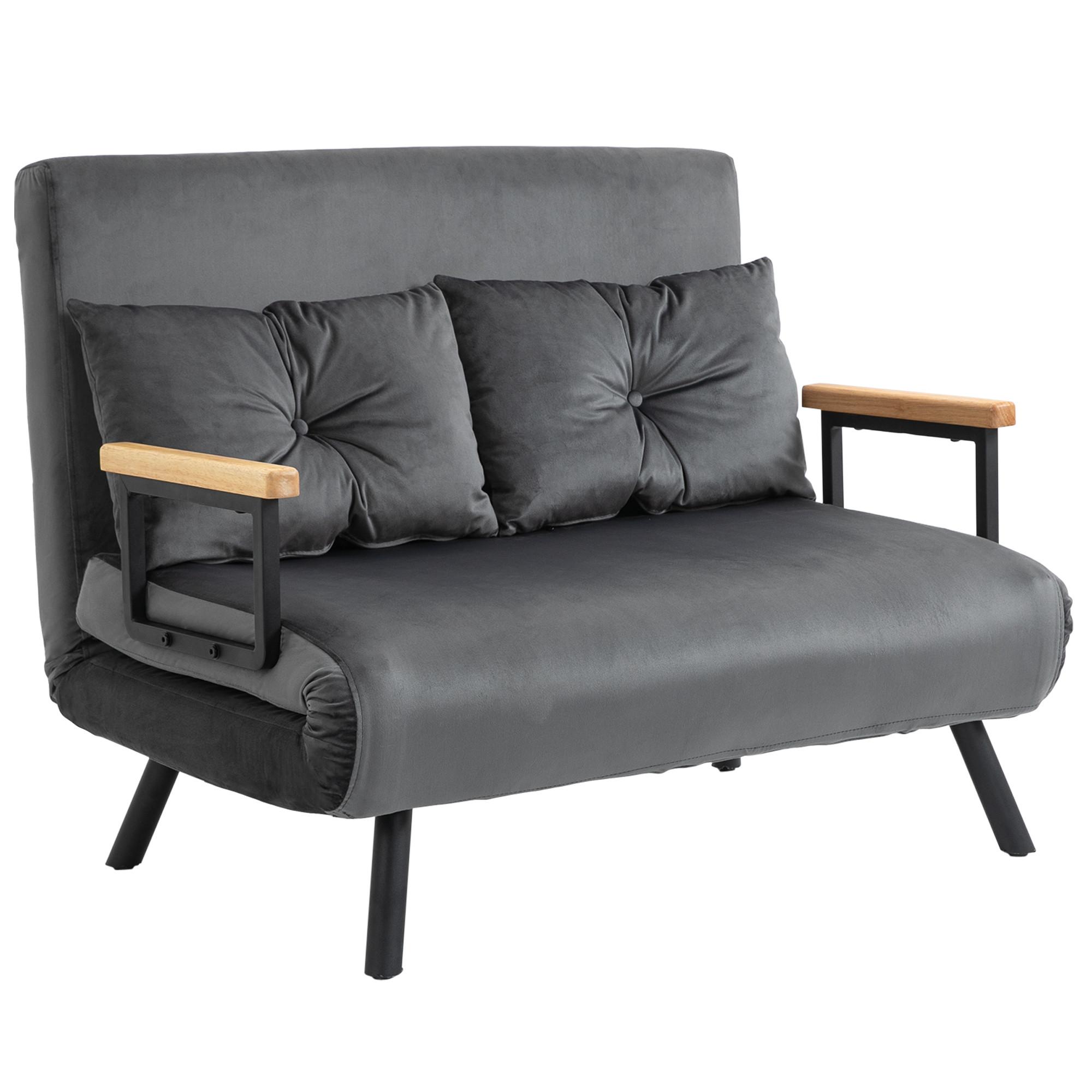 SCHLAFSOFA, Zweisitzer mit Bettfunktion, Schlafcouch mit Samtoptik, Rückenkissen - Dunkelgrau/Schwarz, Holz/Textil (73/81/102cm) - HOMCOM
