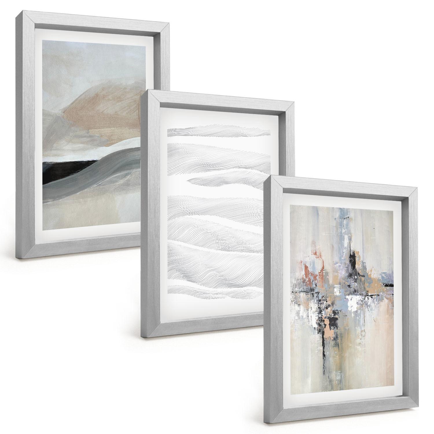 BILDER SET 3er Set - 20x30 cm Silberner Rahmen - Abstrakte Erdmuster - Silberfarben, Kunststoff (20/30cm) - TULUP