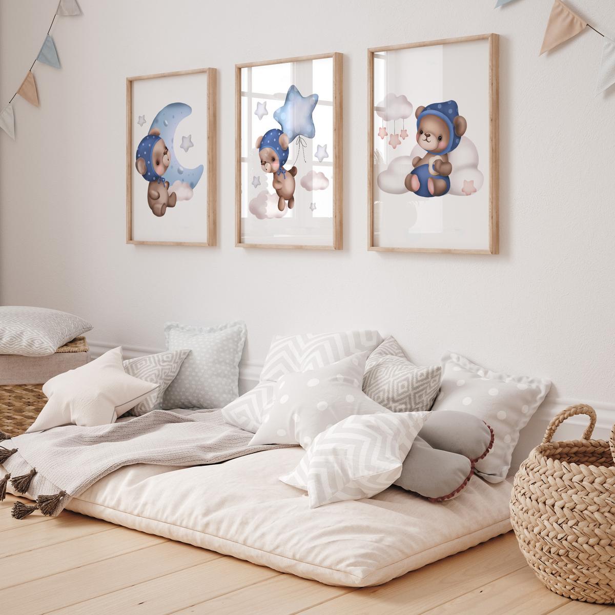 POSTER SET für Kinderzimmer Teddybären Ballons Sterne Wolken 3x Poster A4 21x30cm - Beige/Rosa, Papier (21/30/1cm) - Muralo