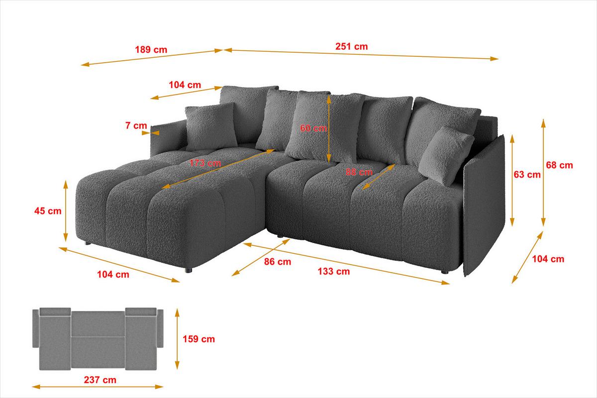 ECKSOFA Ottomane links LONLI-L 251x189x68 Platinfarben Bouclé - Platinfarben, Holzwerkstoff/Kunststoff (251/189cm) - ALTDECOR