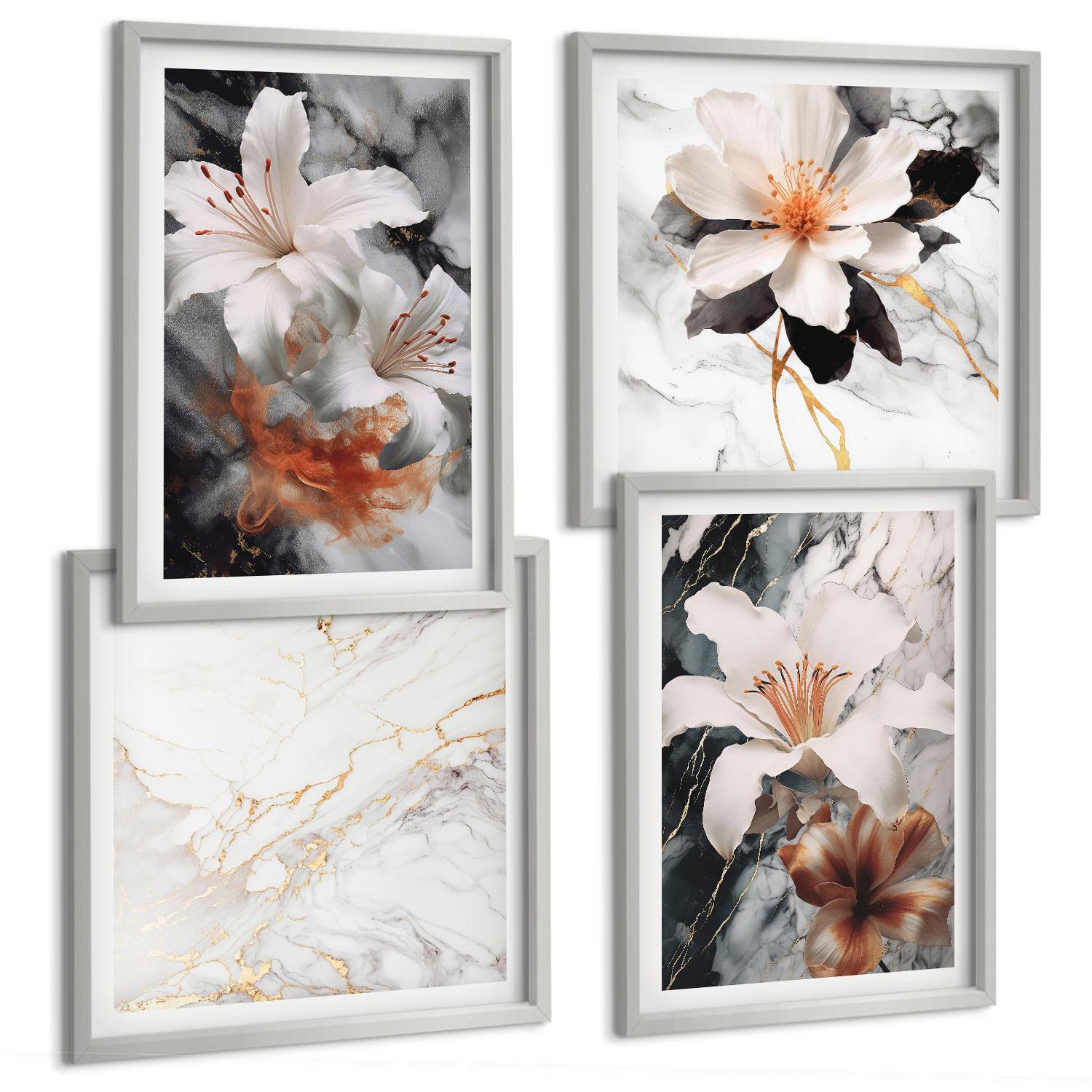 BILDER SET 4er Set - 50x50 cm & 40x60 cm Silberner Rahmen - Blumen Marmor weiß schwarz - Silberfarben, Kunststoff (50/50cm) - TULUP