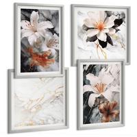 BILDER SET 4er Set - 50x50 cm & 40x60 cm Silberner Rahmen - Blumen Marmor weiß schwarz - Silberfarben, Kunststoff (50/50cm) - TULUP