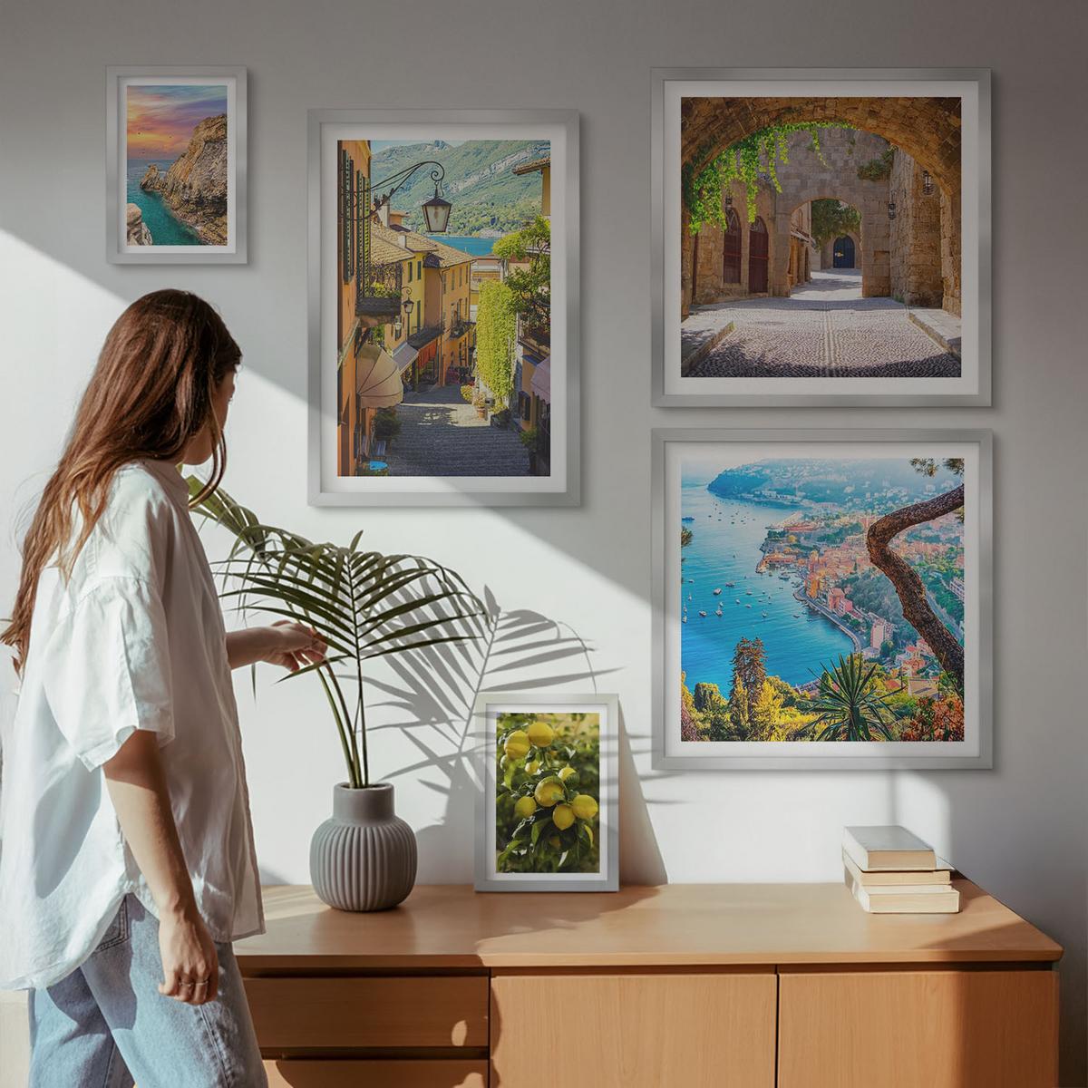 BILDER SET 5er Set - 50x50 cm & 20x30 cm & 40x60 cm Silberner Rahmen - Bezaubernde Straßen voller Zitronenblüten - Silberfarben, Kunststoff (40/60cm) - TULUP
