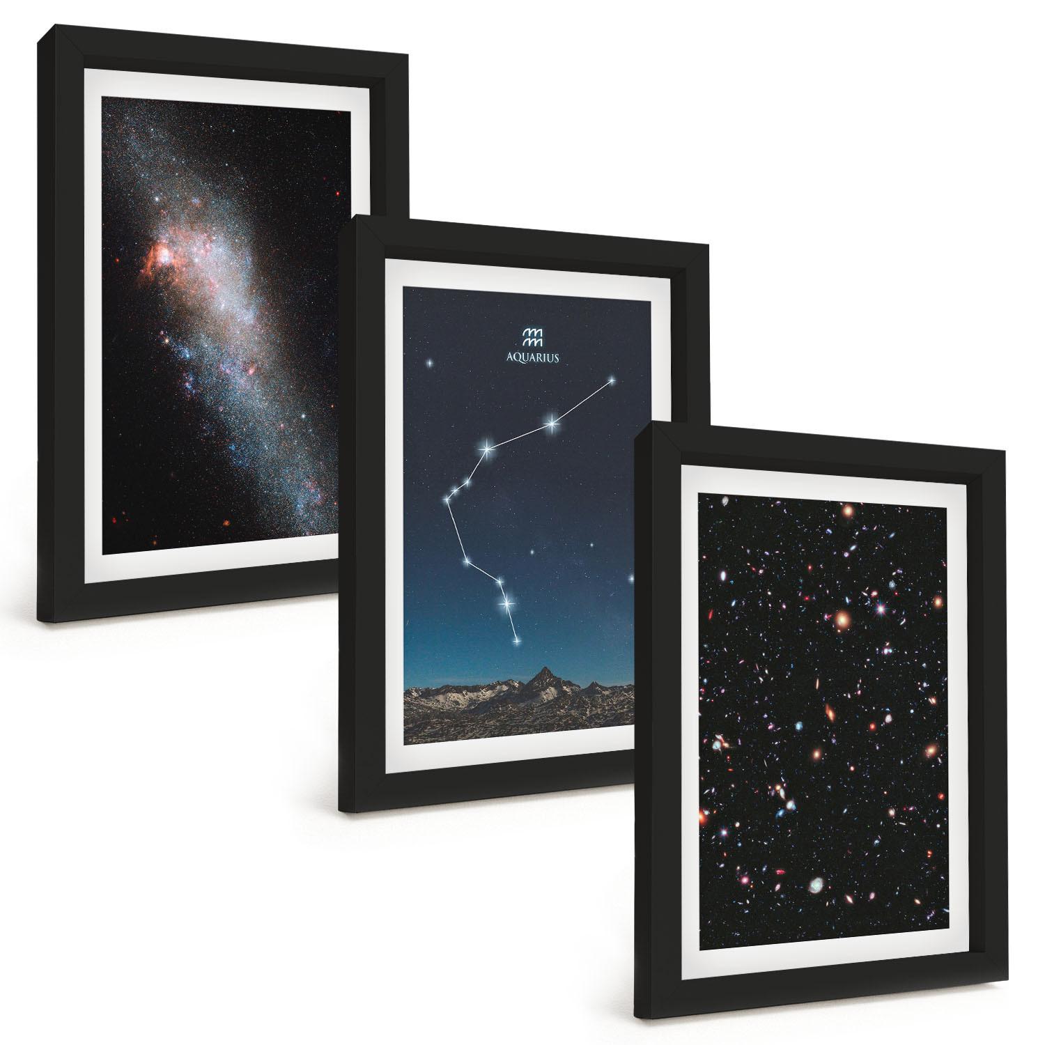 BILDER SET 3er Set - 20x30 cm Schwarzer Rahmen - Galaxienraum Wassermann - Schwarz, Kunststoff (20/30cm) - TULUP
