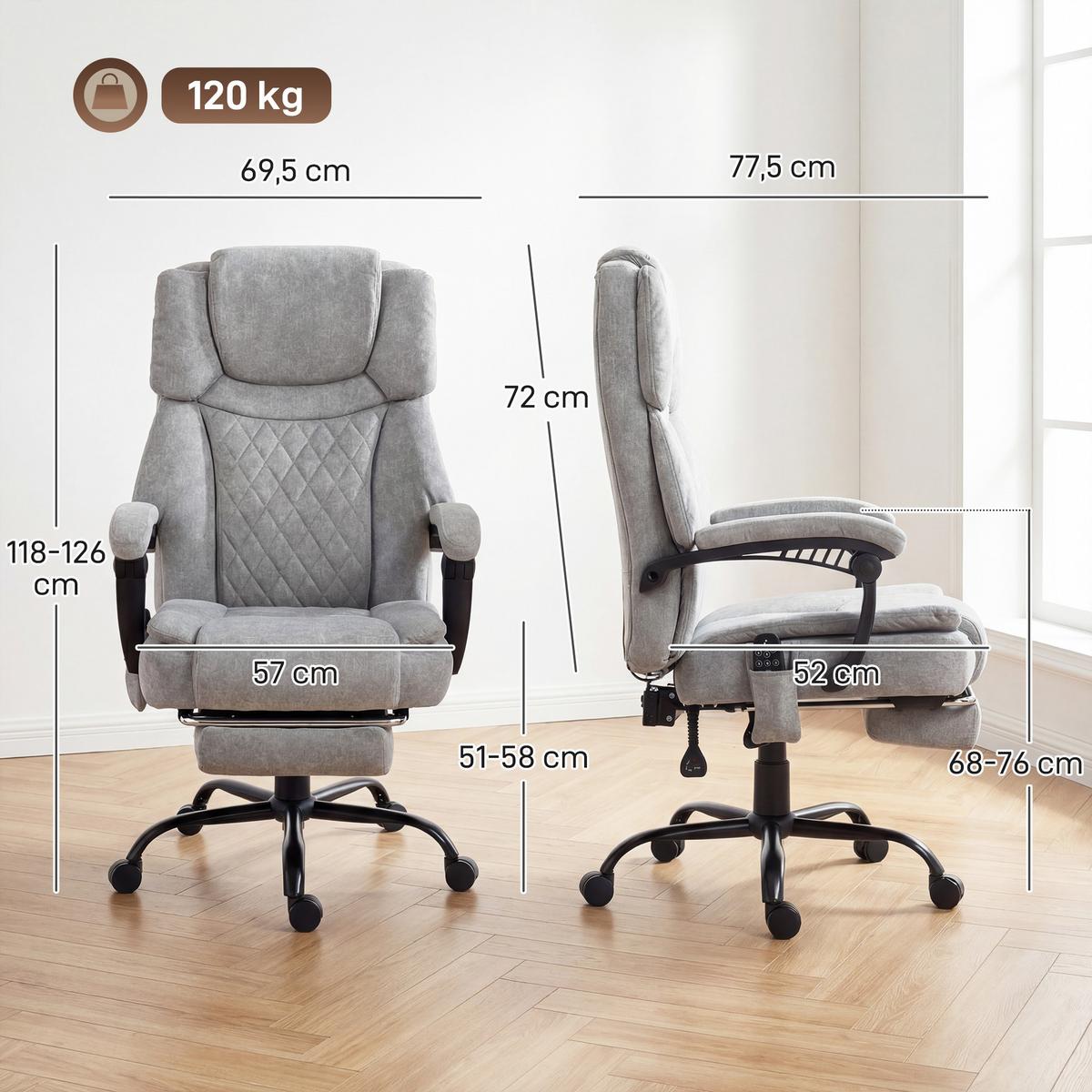 BÜROSTUHL-MIT-MASSAGEFUNKTION Polyester Grau - Grau, Textil (69.5/126/77.5cm) - HOMCOM