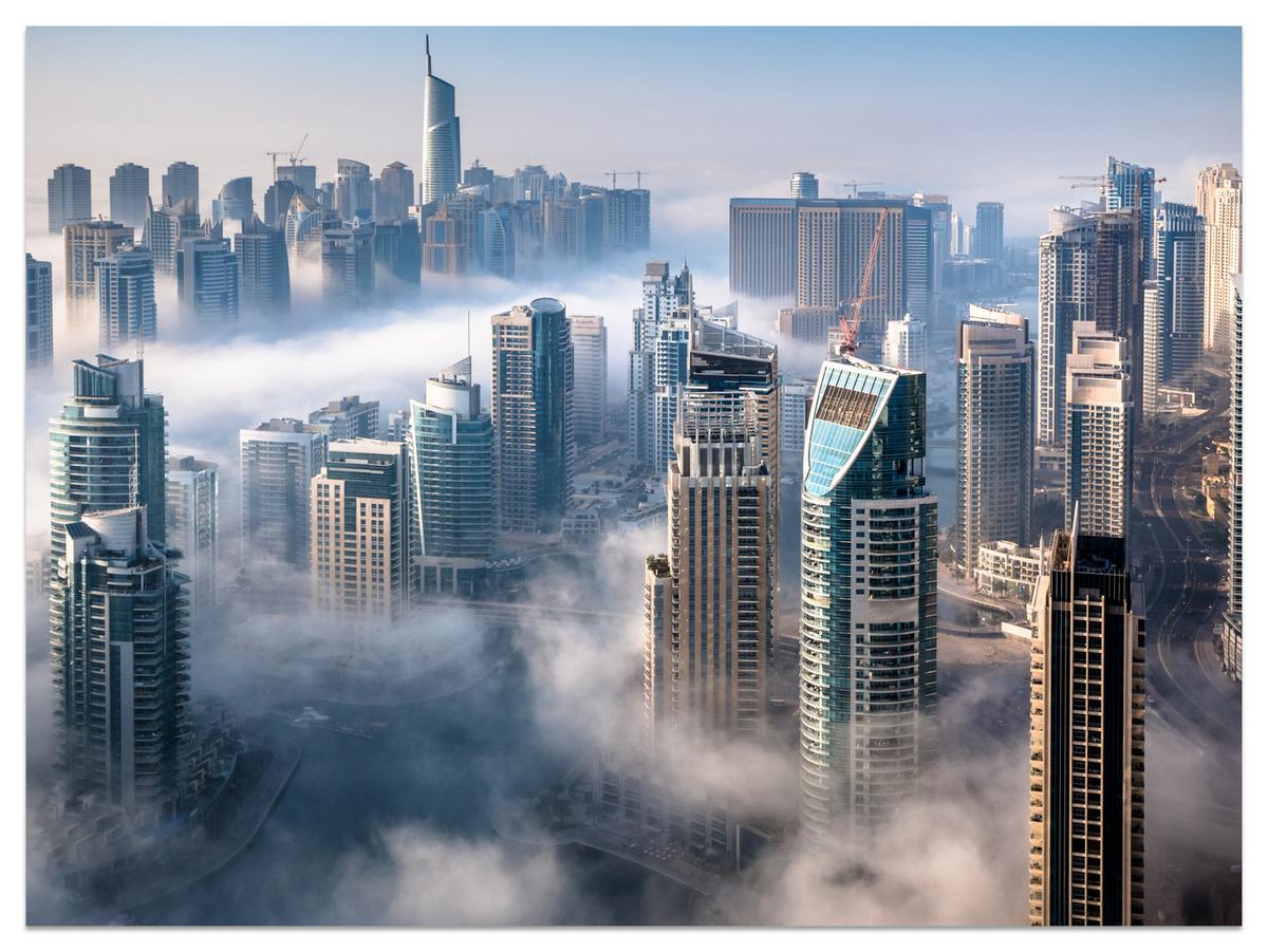 FOTOTAPETE für Büro Dubai Nebel Wolkenkratzer Skyline Panorama 400x280 - Blau/Beige, Papier (400/280cm) - Muralo