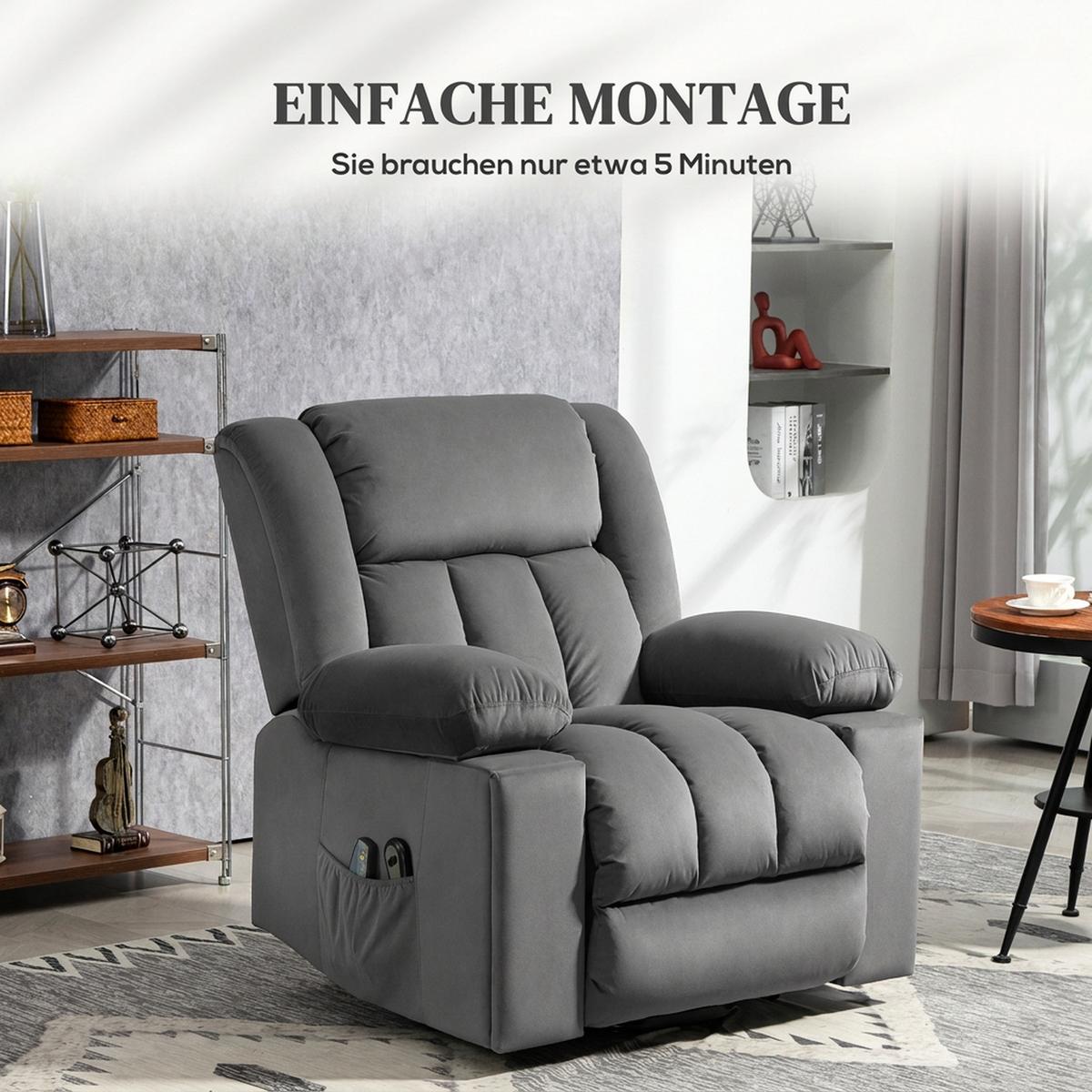 FERNSEHSESSEL mit Aufstehhilfe Relaxsessel mit Massage-/ Wärme-/Liegefunktion - Dunkelgrau, Textil (93/104/101cm) - HOMCOM