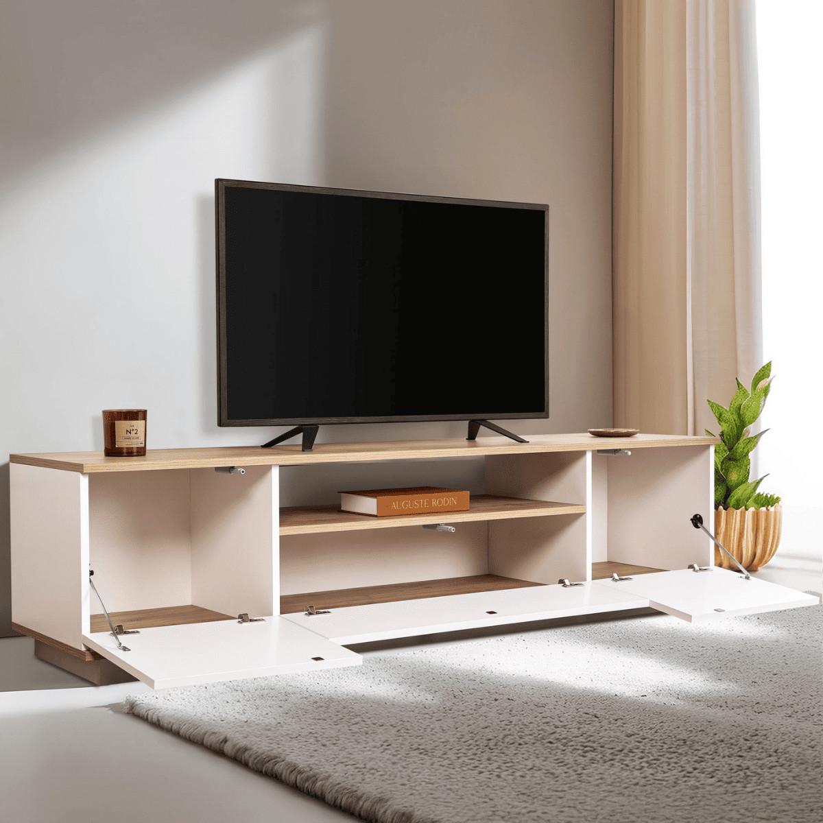 TV furniture with 3 folding doors and 1 niche, L180 cm - Weiß, Holzwerkstoff (44.5/44.6/12cm) - Calicosy