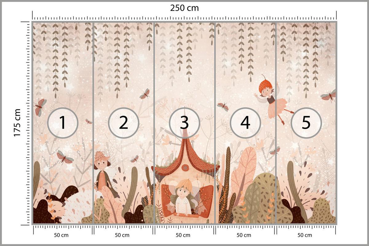 FOTOTAPETE für Kinderzimmer Feen Aquarell Wald Blumen Blätter Boho 250x175 - Beige/Orange, Papier (250/175cm) - Muralo