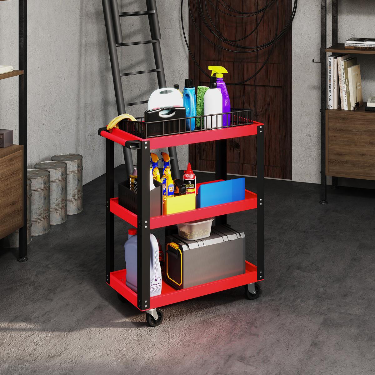 WERKSTATTWAGEN mit 3 Etagen Werkzeugwagen Transportwagen mit Griff - Rot, Metall (35/82.5/70.5cm) - HOMCOM