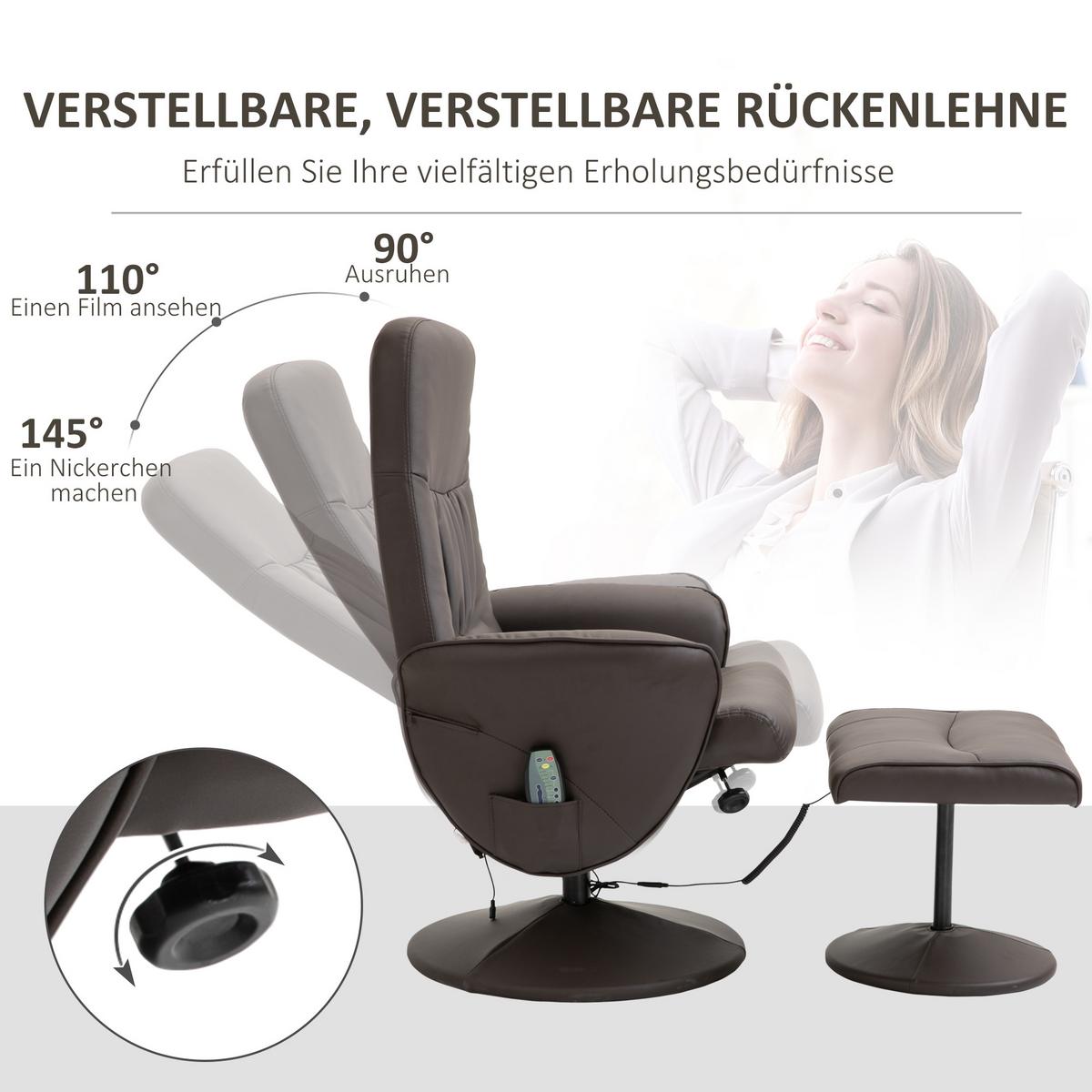RELAXSESSEL Massagesessel mit Liegefunktion Fußhocker Stauraum TV-Sessel Braun - Schwarz/Braun, Metall (81/105/76cm) - HOMCOM