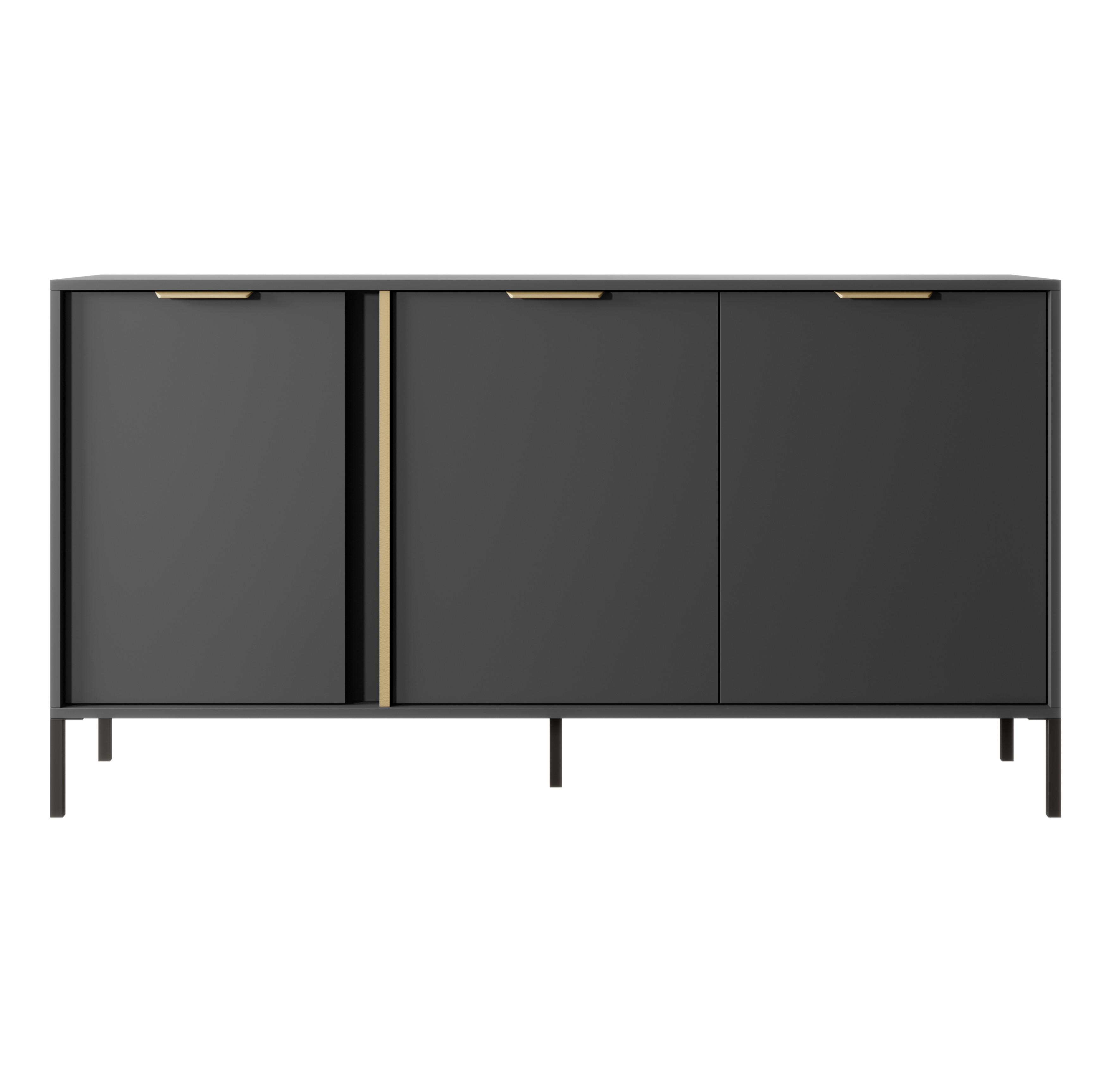 SIDEBOARD Catanian 3T Grau 153,1/81,4/39,5 cm – mit goldenen Griffen und schwarzen Beinen - Schwarz/Grau, Holzwerkstoff/Metall (153.1/81.4/39.5cm) - AX Living