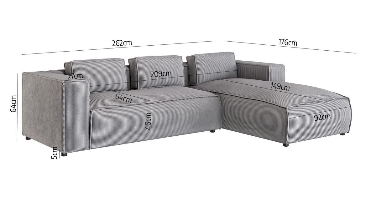 ECKSOFA Nova Hellgrau Cord, Ottomane rechts - Hellgrau/Schwarz, Holz/Kunststoff (262/176cm) - S-Style Möbel