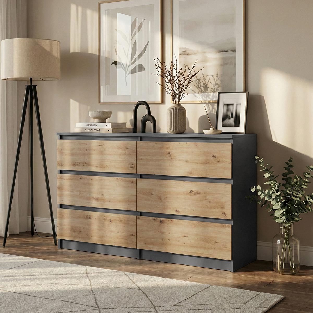 KOMMODE Lemon mit 6 Schubladen, 120 cm, Anthrazit+eiche Artisan - Anthrazit/Eiche Artisan, Holzwerkstoff (120/78/39cm) - Beautysofa