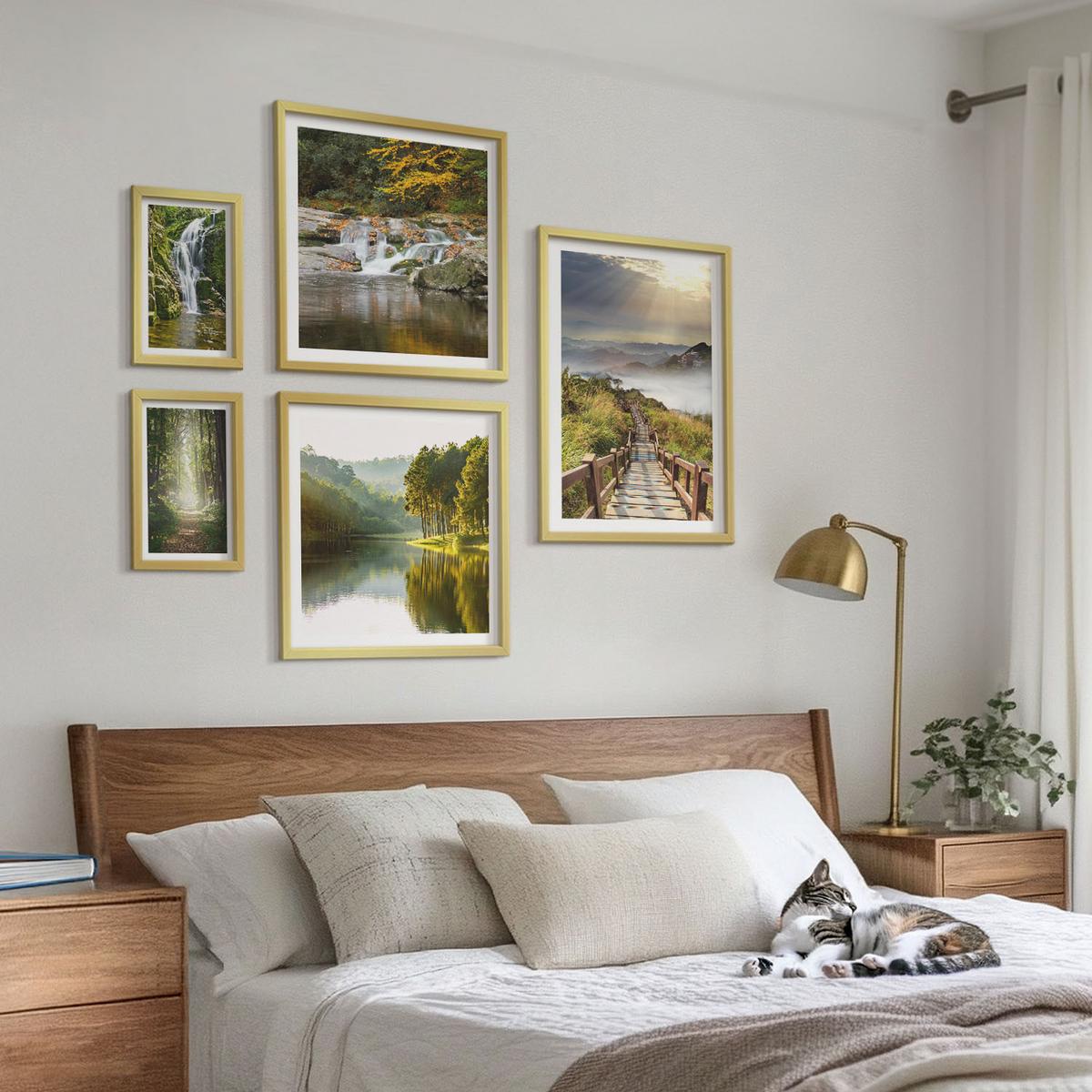 BILDER SET 5er Set - 50x50 cm & 20x30 cm & 40x60 cm Goldrahmen - Grüne Blätter von eleganten Sukkulenten - Goldfarben, Kunststoff (40/60cm) - TULUP