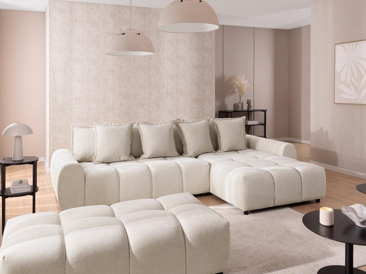 ECKSOFA inkl. Hocker Bubble mit Schlaffunktion und losen Rückenkissen, Sitzfläche Bubble-Optik aus weichem Hellbeige Strukturstoff - Ottomane Rechts - Beige/Schwarz, Holz/Kunststoff (306/180cm) - S-Style