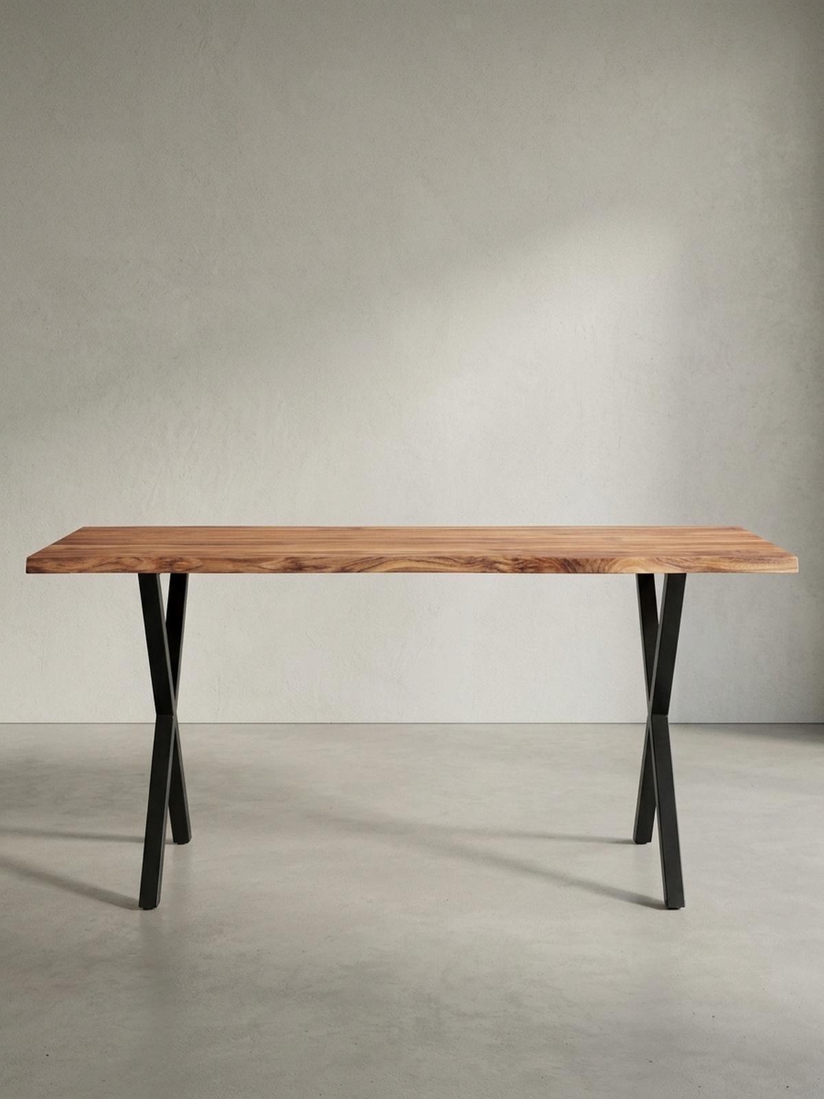 SCHREIBTISCH Massivholz X-Gestell Baumkante Handgefertigt KRETA, Goldbraun-Schwarz 120x60x76 cm - Schwarz/Braun, Holz/Metall (60/120/76cm) - KADIMA DESIGN