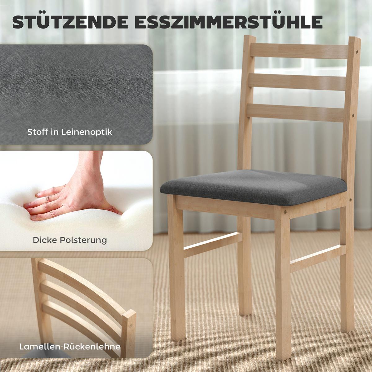 ESSGRUPPE 3er Set Kautschukholz MDF Naturholz - Naturfarben/Grau, Holz/Textil (60/74.5/80cm) - HOMCOM