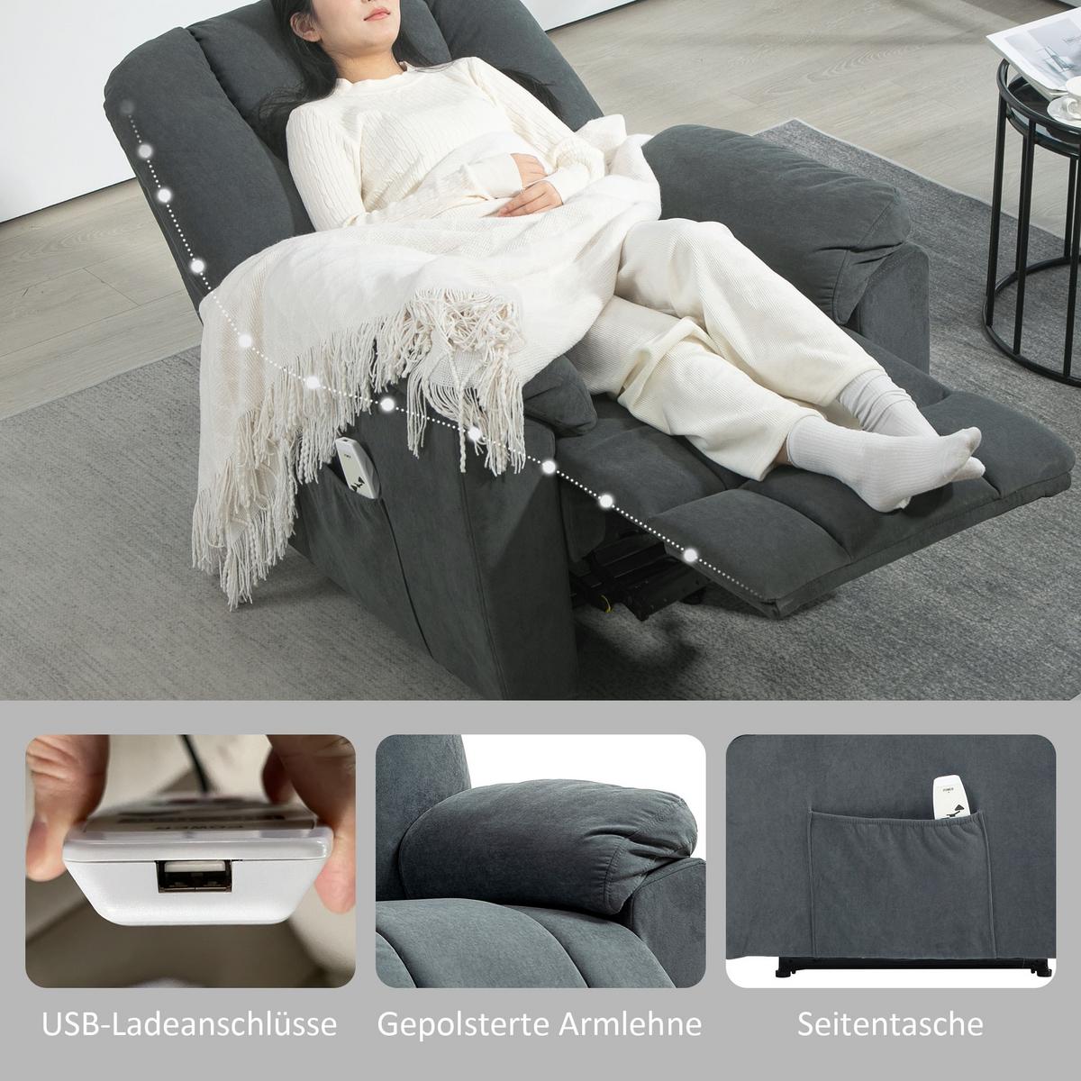 ELEKTRISCH Relaxsessel Fernsehsessel mit Liegefunktion Wärmefunktion Fußteil - Dunkelgrau/Schwarz, Textil/Metall (88/101/97cm) - HOMCOM