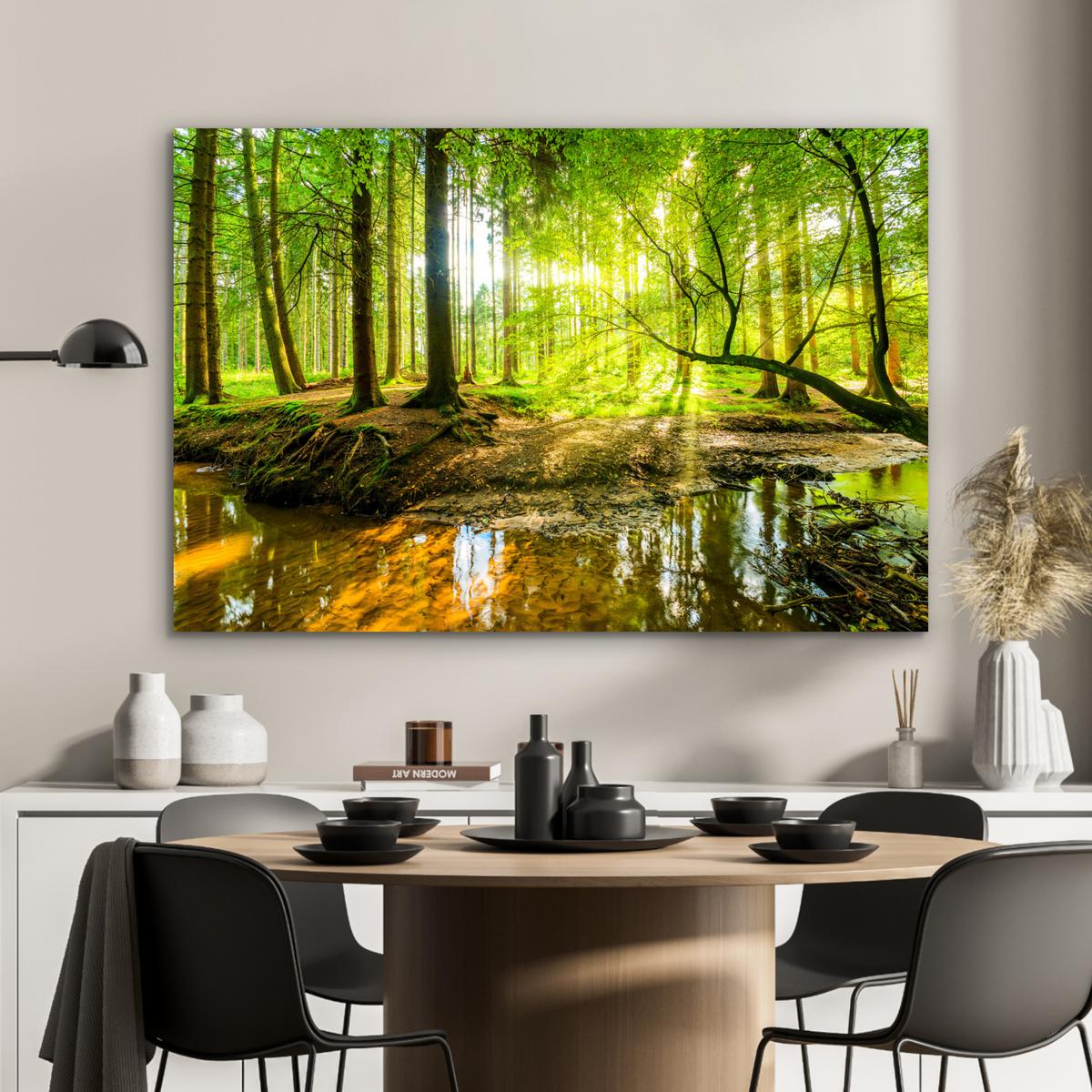 METALLBILD Wald - Landschaft - Wasser - Bäume - Sonne - Grün - Natur Wanddeko 90x60 cm - Grün, Metall (90/60cm) - MuchoWow