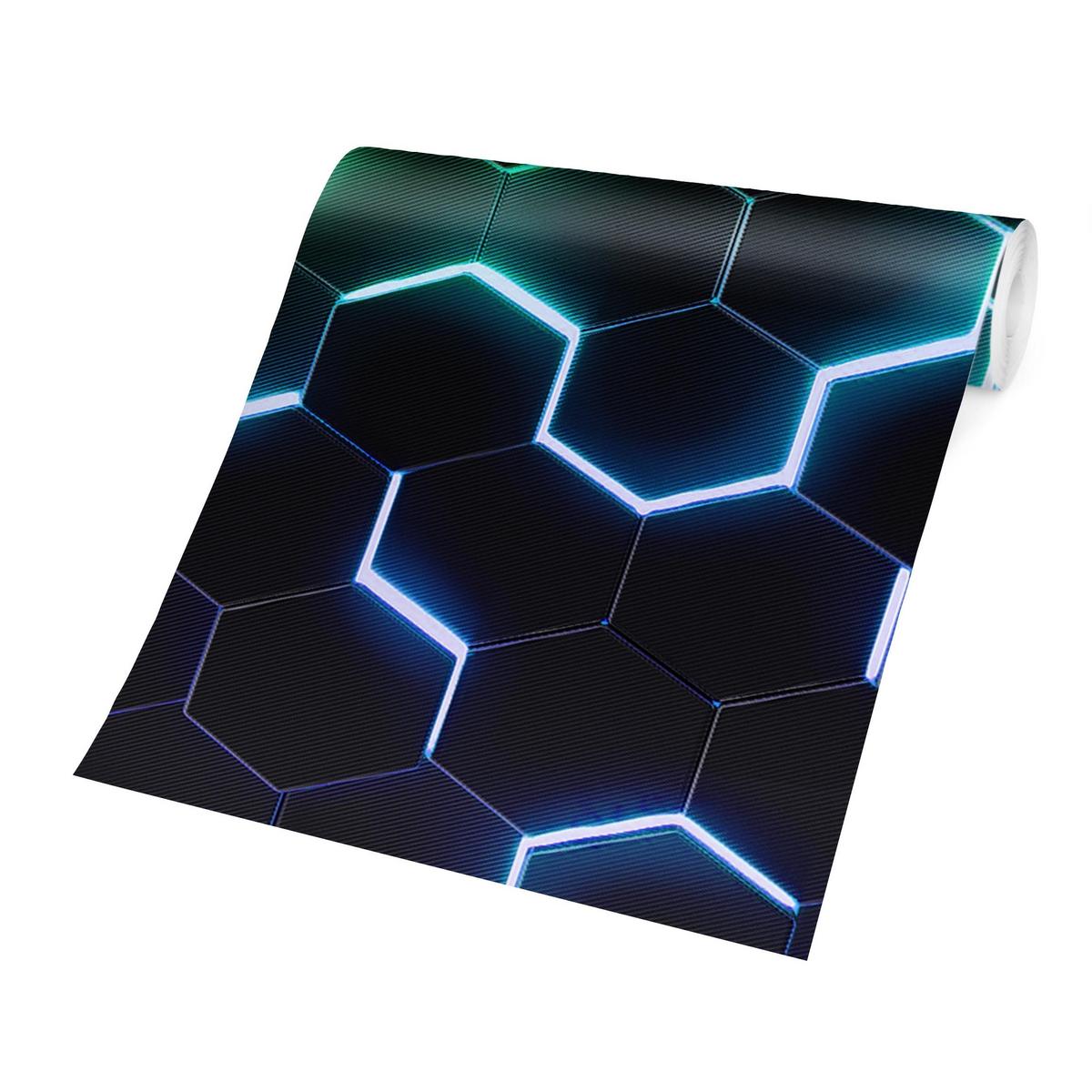 FOTOTAPETE Strukturierte Hexagone mit Neonlicht in Grün und Blau 384/255 cm - Schwarz, Papier (384/255cm) - Bilderwelten