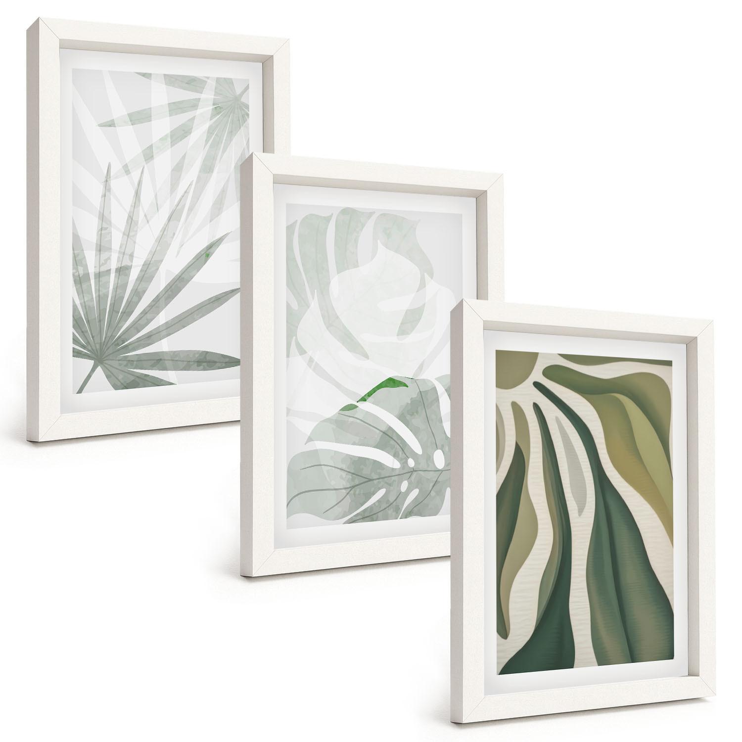 BILDER SET 3er Set - 20x30 cm Weißer Rahmen - Blätter von Pflanzen in Grün und Grau - Weiß, Kunststoff (20/30cm) - TULUP