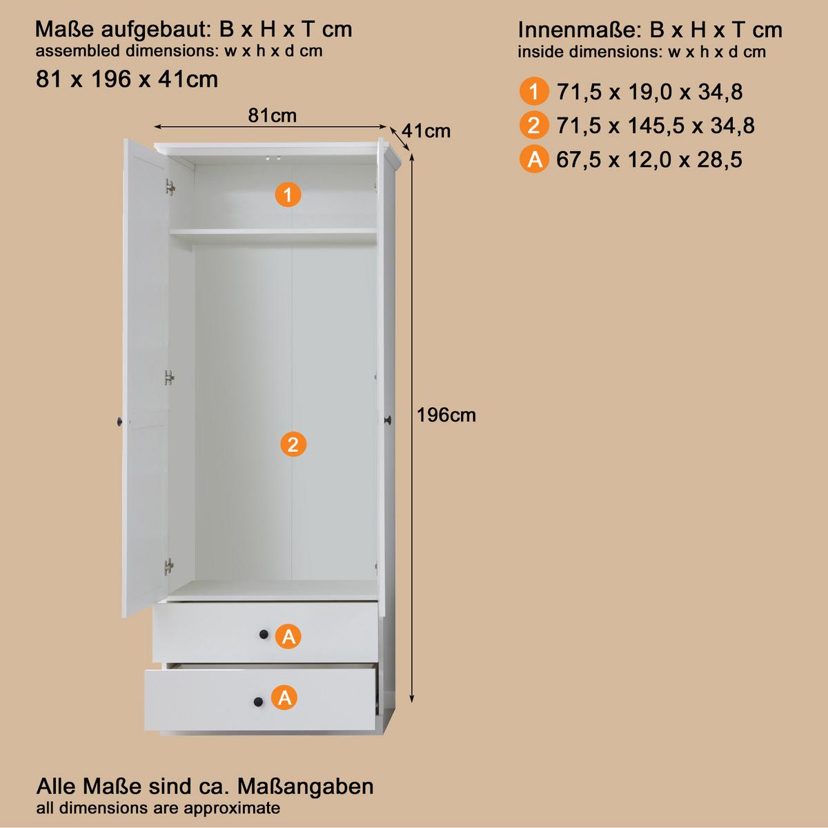 GARDEROBENSCHRANK weiß 81 x 196 cm, Flurgarderobe mit Kleiderstange - Silberfarben/Weiß, Holzwerkstoff/Metall (81/196/41cm) - Top.Furn