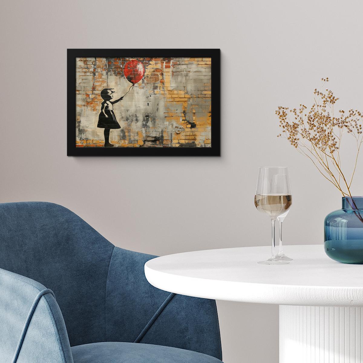 POSTER MIT RAHMENGERAHMTES BILD Graffiti - Banksy - Mädchen - Straßenkunst 30x20 cm - Sandfarben, Papier (30/20cm) - MuchoWow