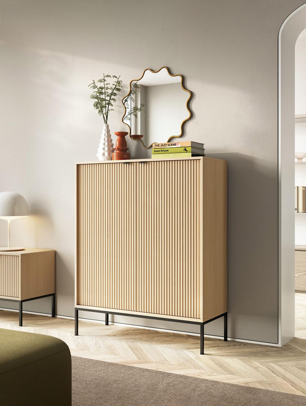 HIGHBOARD Vellore Eiche Vicenza Optik mit schwarzem Gestell 104 cm - Beige/Schwarz, Holzwerkstoff/Metall (104/125/39cm) - Selsey
