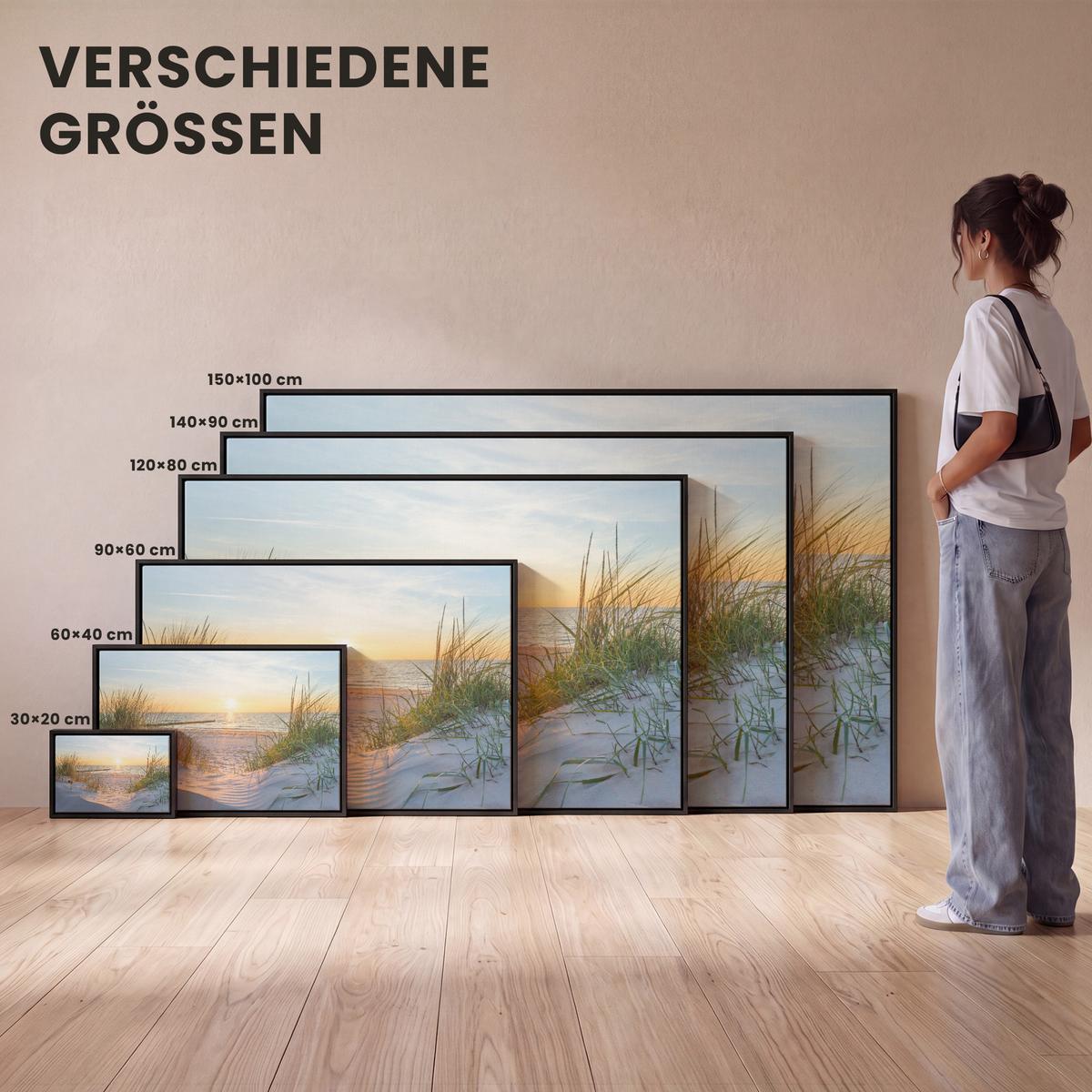 LEINWAND Bilder mit Rahmen - Strand - Sonne - Düne - Gras - Sand - Horizont - 60x40 - Hellblau, Textil (60/40cm) - MuchoWow