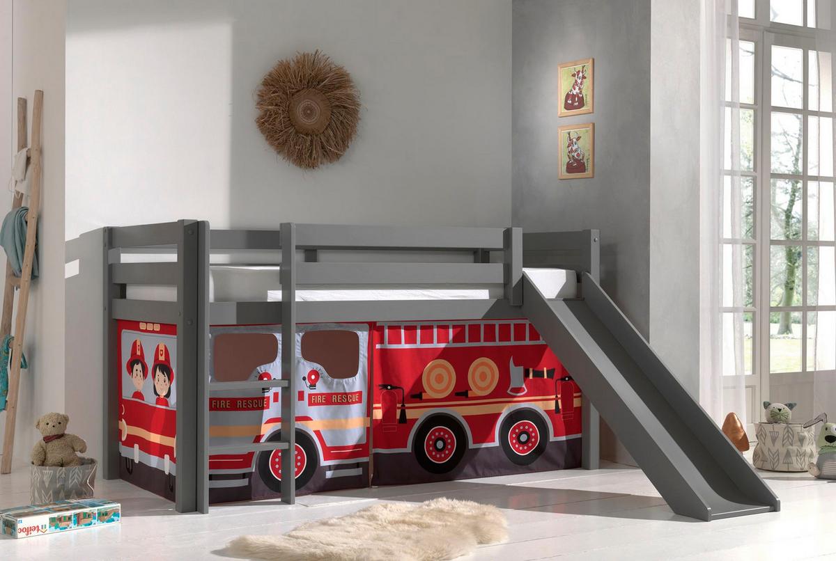 HOCHBETT mit Rutsche Karolina Massivholz Grau Textilset Feuerwehr - Grau/Dunkelrot, Holz (90/200cm) - 58aufmkessel